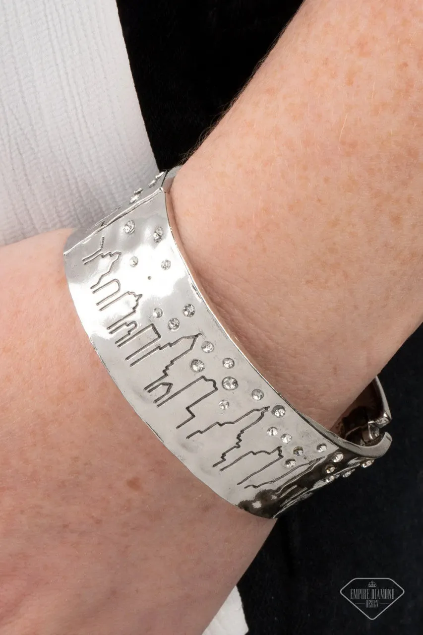 Starry Skyscrapers - White - City Skyline with Rhinestones Silver Paparazzi Hinged Bracelet - Empire Diamond Exclusive