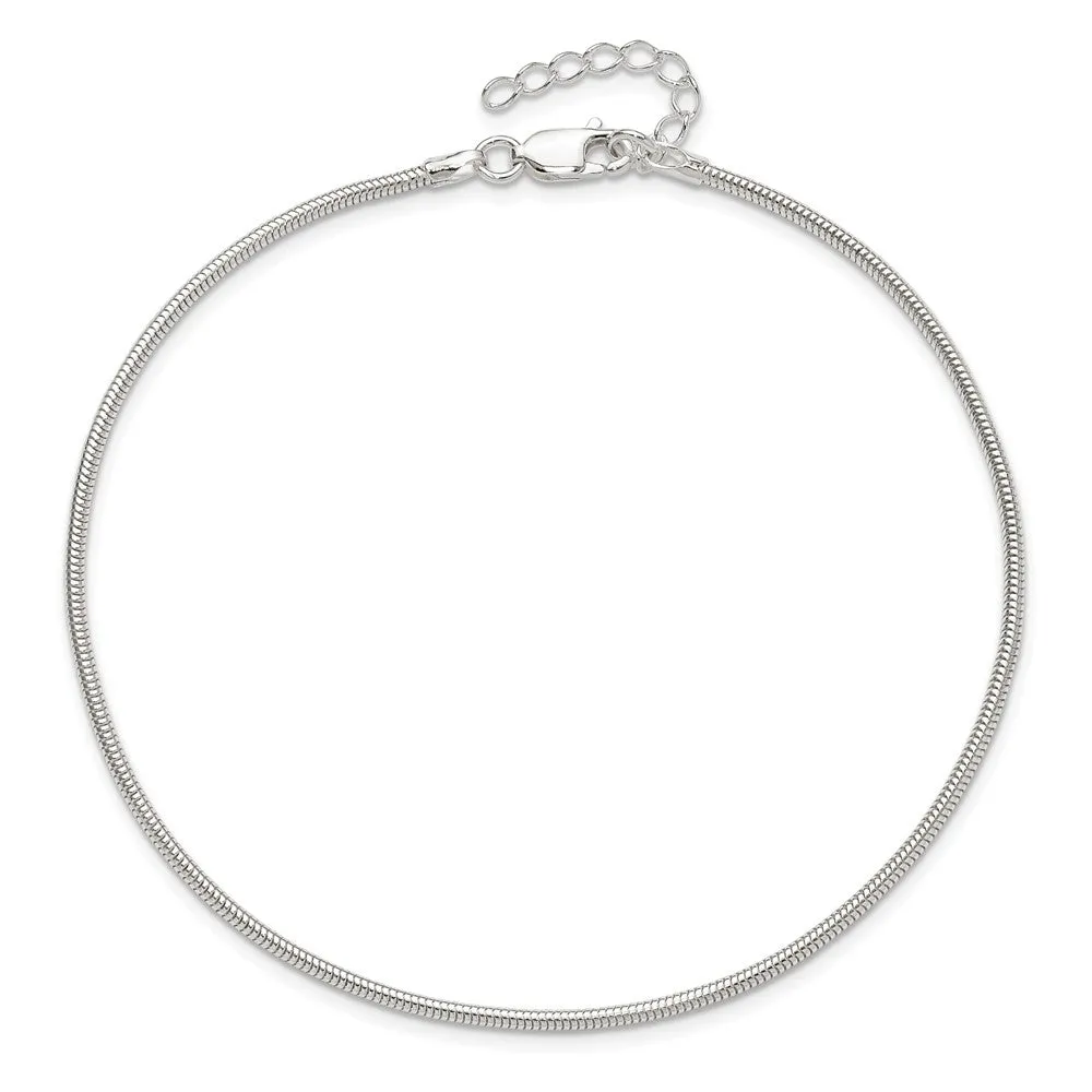 Sterling Silver 1.5mm Round Snake Chain 9in Plus 1in ext. Anklet