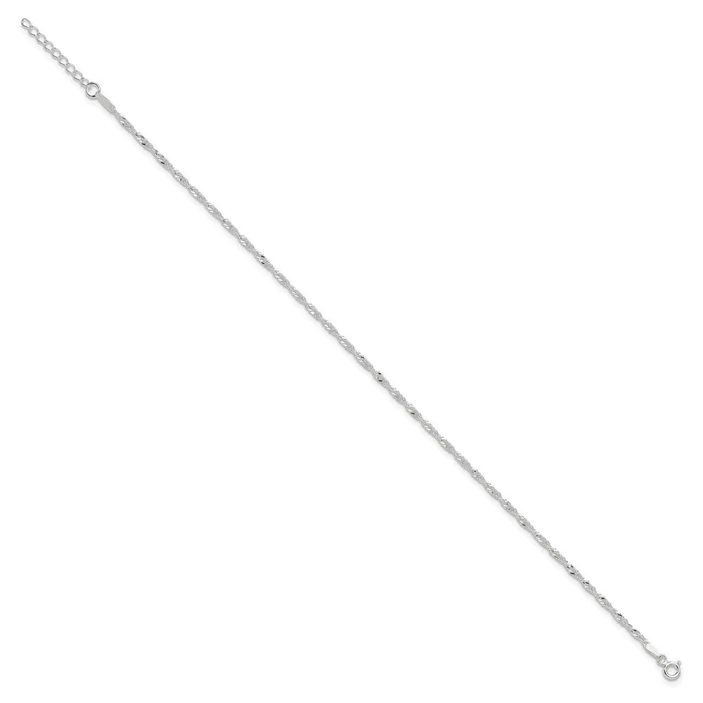 Sterling Silver 2mm Singapore 9in Plus 1in ext. Chain Anklet