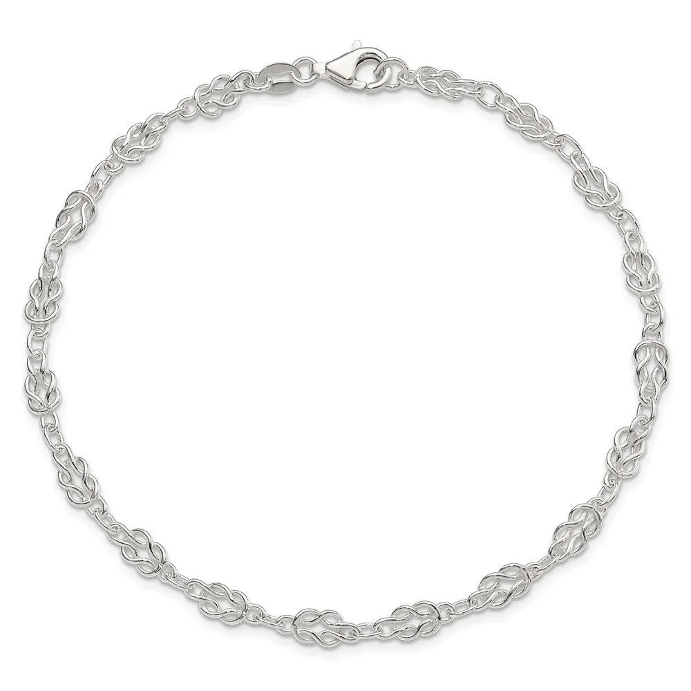 Sterling Silver 9inch Solid Polished Fancy Knot-Link Anklet