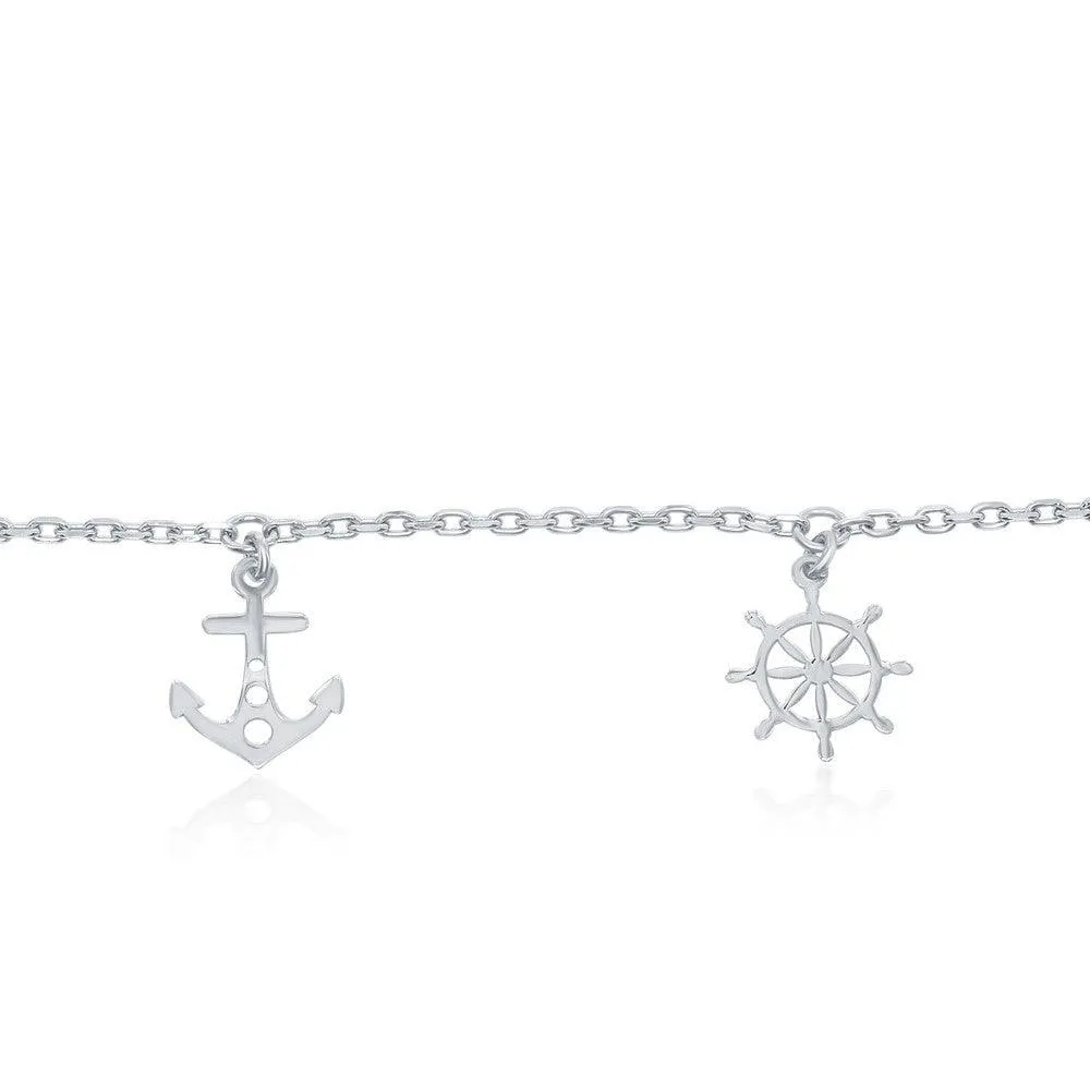 Sterling Silver Alternating  Anchor and Ship Wheel Anklet