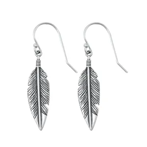 Sterling Silver Classic Feather Hook High Polished Oxidized Earrings .925 New