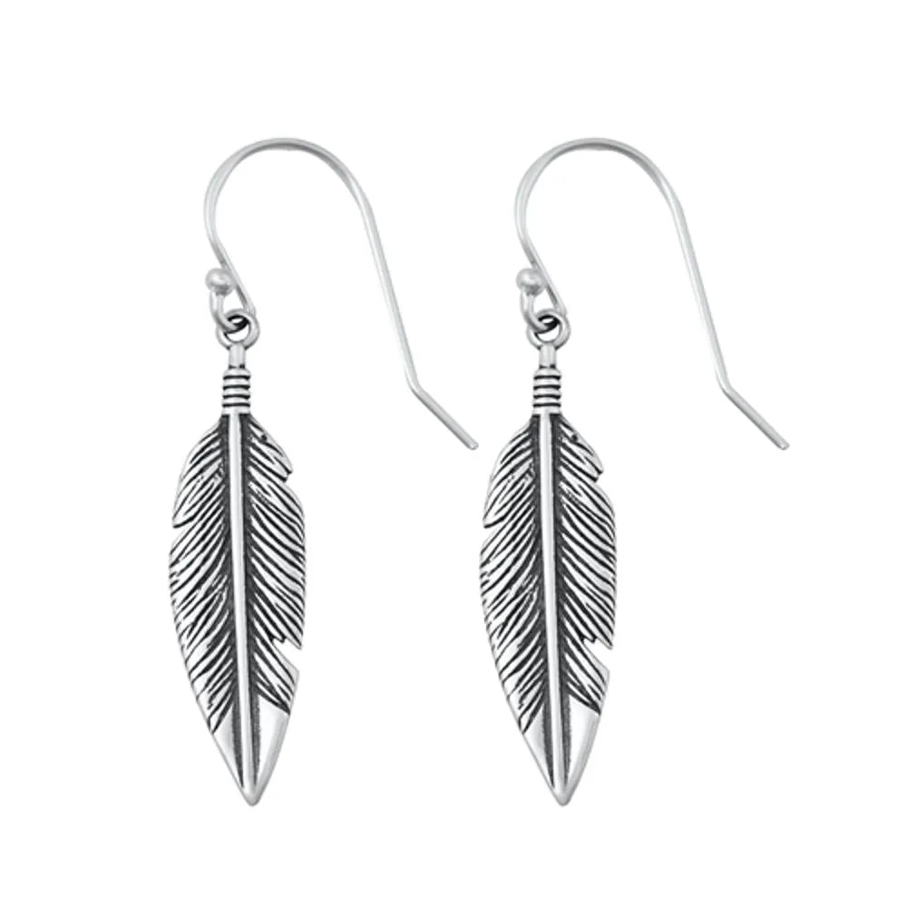 Sterling Silver Classic Feather Hook High Polished Oxidized Earrings .925 New