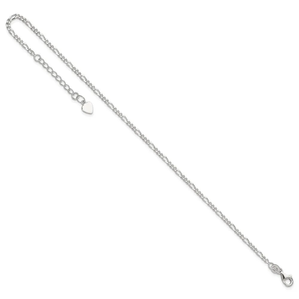 Sterling Silver D/C  Polished Figaro 9in Plus 1in ext. Anklet