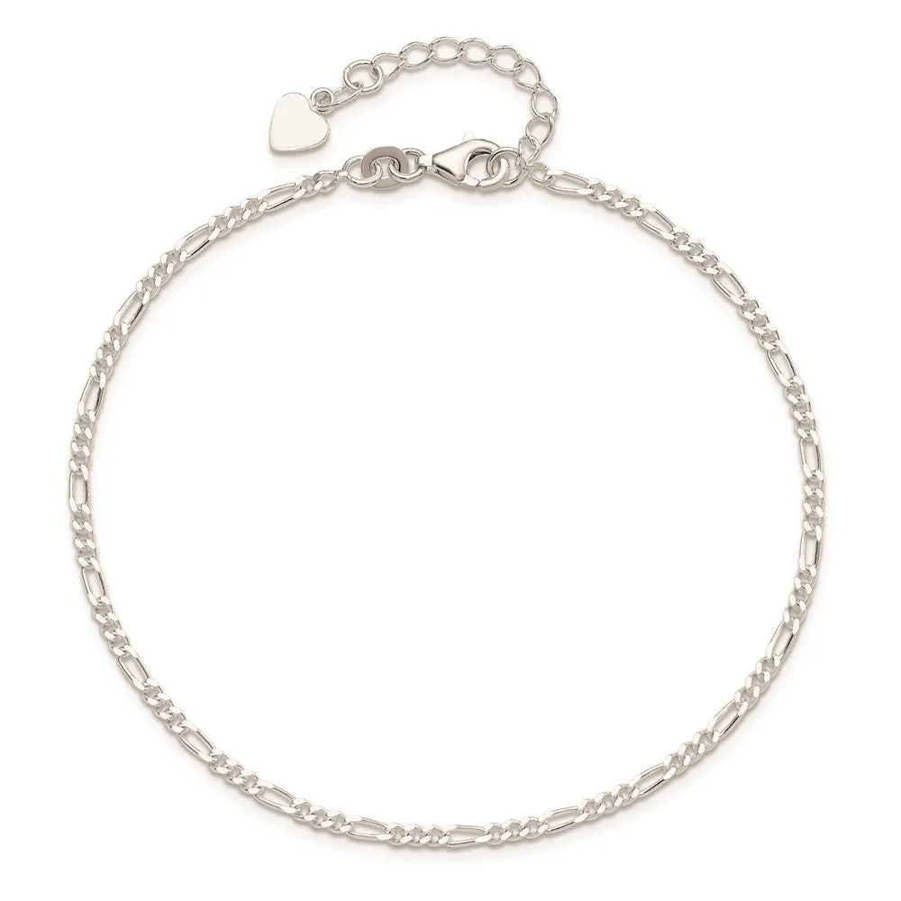 Sterling Silver D/C  Polished Figaro 9in Plus 1in ext. Anklet