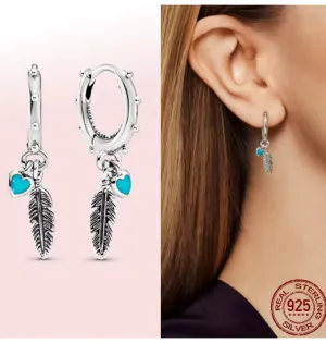 Sterling Silver Feather & Heart Earrings