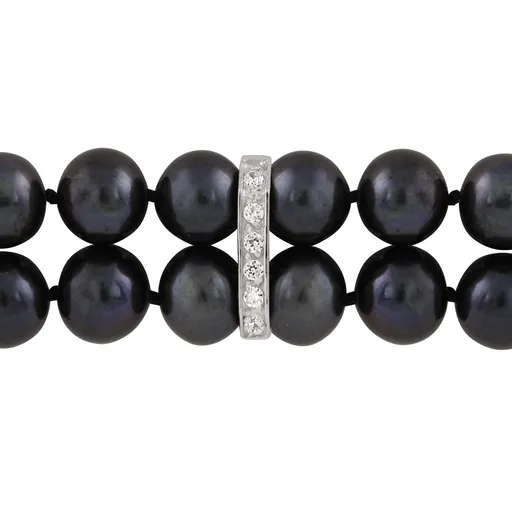 Sterling Silver Freshwater Black Pearl and CZ Double Strand Bracelet