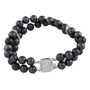 Sterling Silver Freshwater Black Pearl and CZ Double Strand Bracelet