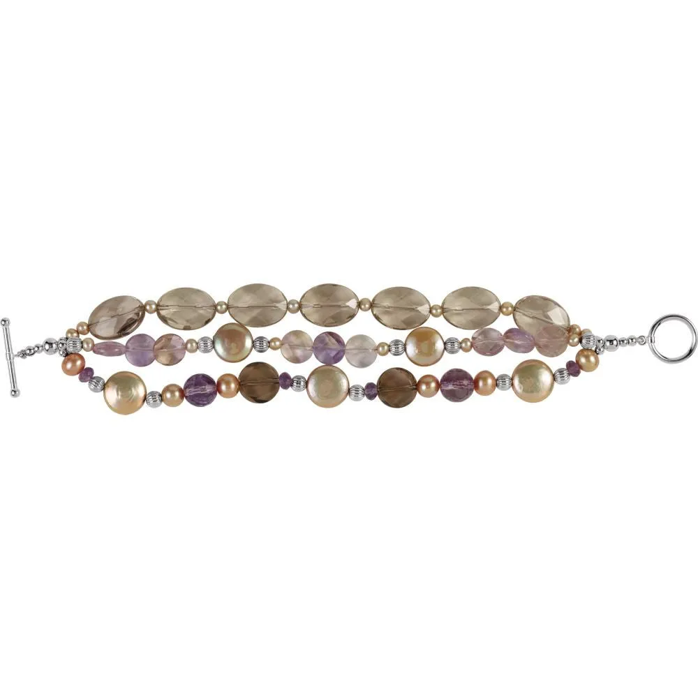 Sterling Silver Freshwater Cultured Dyed Chocolate Pearl & Multi-Gemstone Bracelet