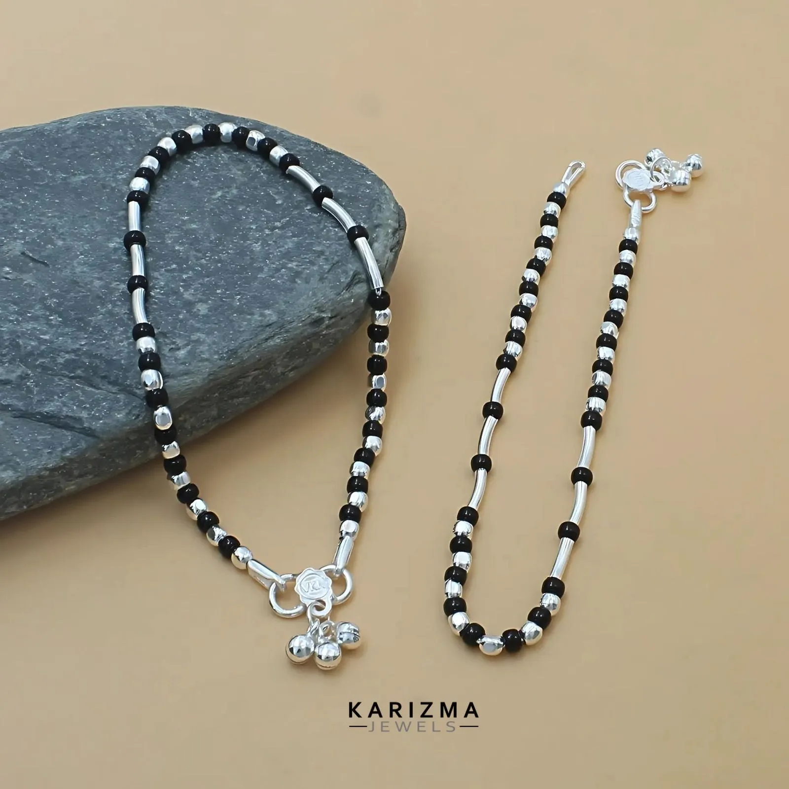 Sterling Silver Indian women amazing black beads Anklet Pair 10.5"