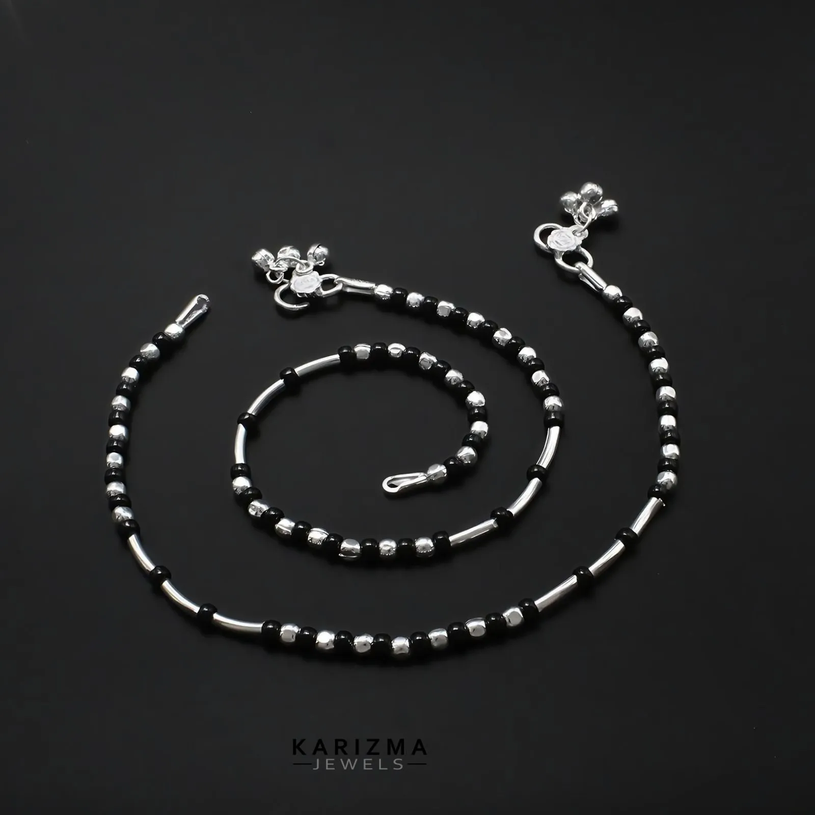 Sterling Silver Indian women amazing black beads Anklet Pair 10.5"