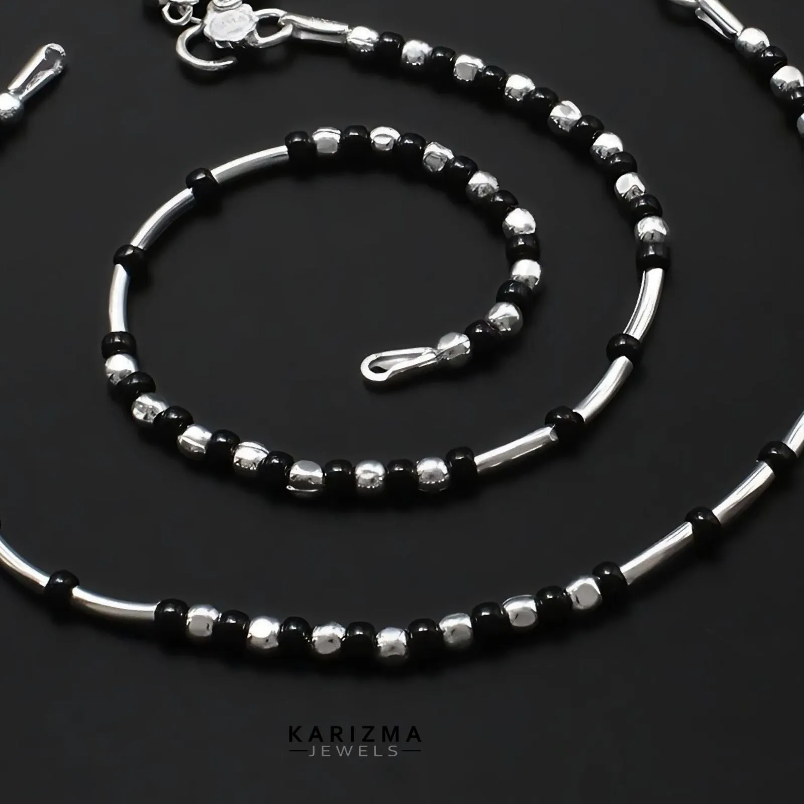 Sterling Silver Indian women amazing black beads Anklet Pair 10.5"