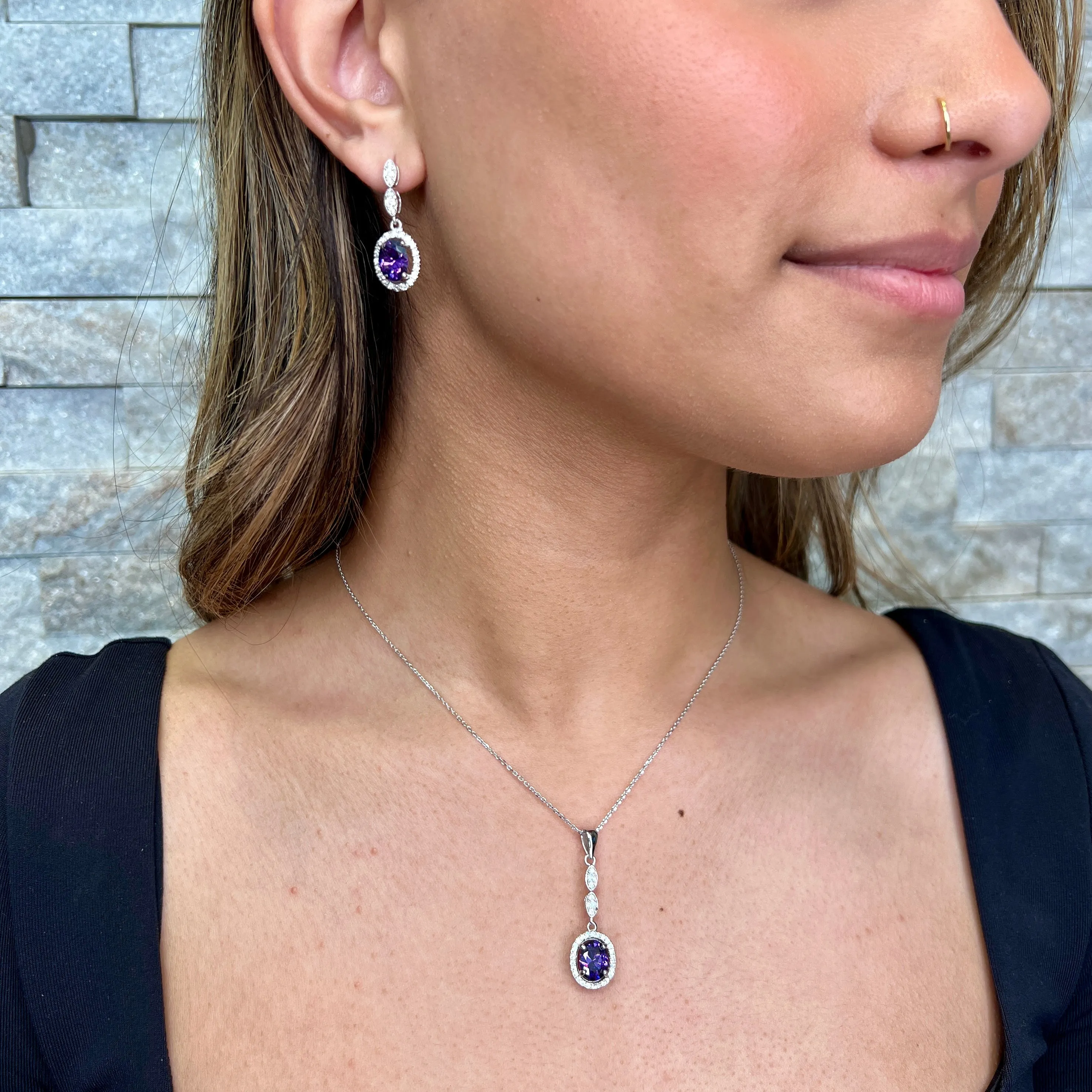 Sterling Silver Purple and Clear Cubic Zirconia Necklace and Earring Set