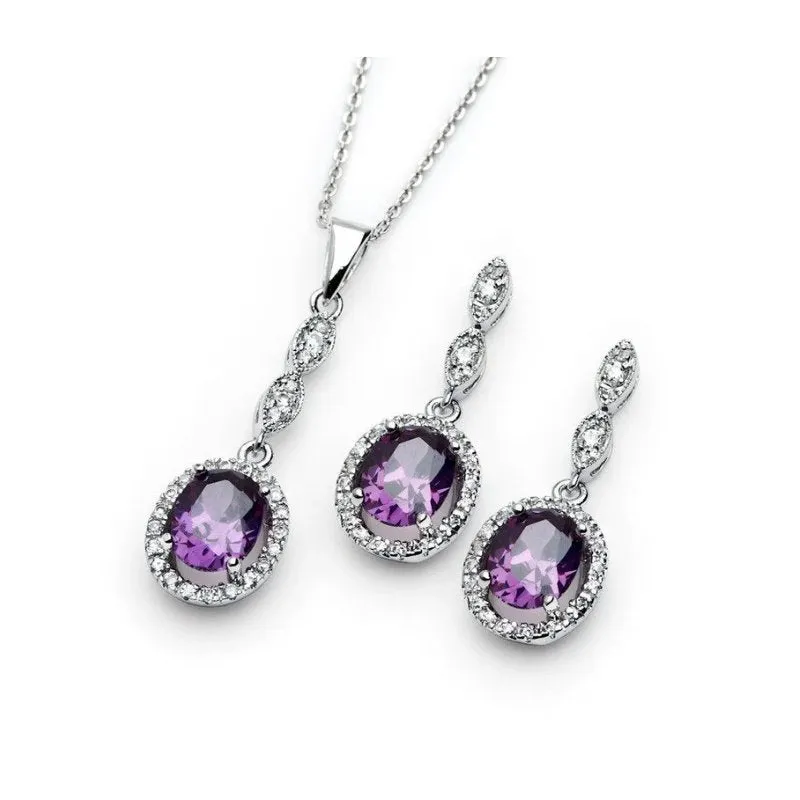 Sterling Silver Purple and Clear Cubic Zirconia Necklace and Earring Set