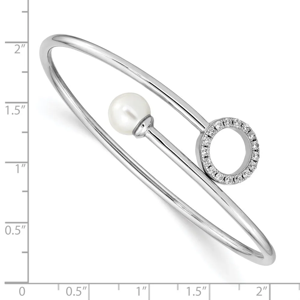 Sterling Silver Rh-Pl Imitation Shell Pearl and CZ Flexible Bangle QB1236