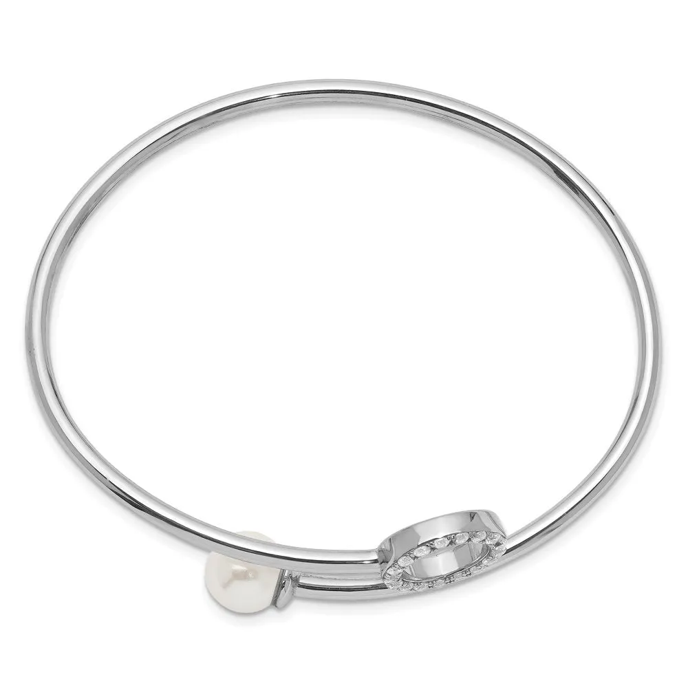Sterling Silver Rh-Pl Imitation Shell Pearl and CZ Flexible Bangle QB1236