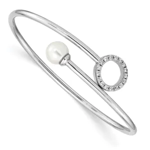 Sterling Silver Rh-Pl Imitation Shell Pearl and CZ Flexible Bangle QB1236