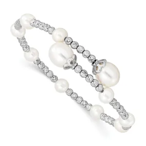 Sterling Silver Rhodium-Plated 5-6Mm and 8Mm White Freshwater Cultured Pearl Coil Bangle