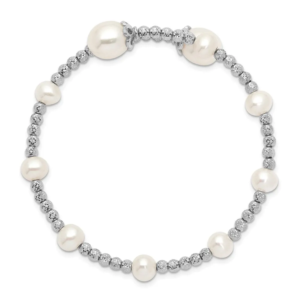 Sterling Silver Rhodium-Plated 5-6Mm and 8Mm White Freshwater Cultured Pearl Coil Bangle