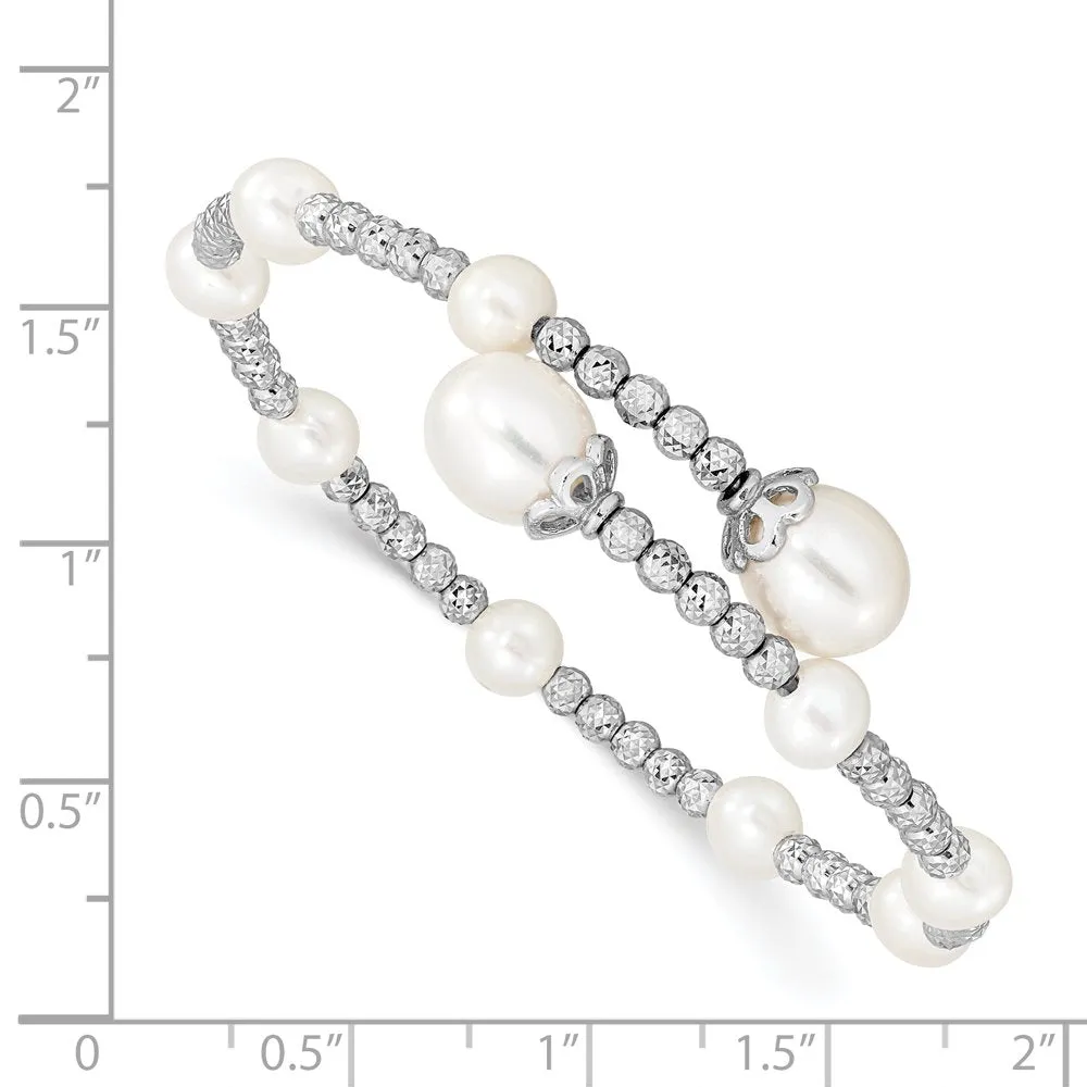 Sterling Silver Rhodium-Plated 5-6Mm and 8Mm White Freshwater Cultured Pearl Coil Bangle