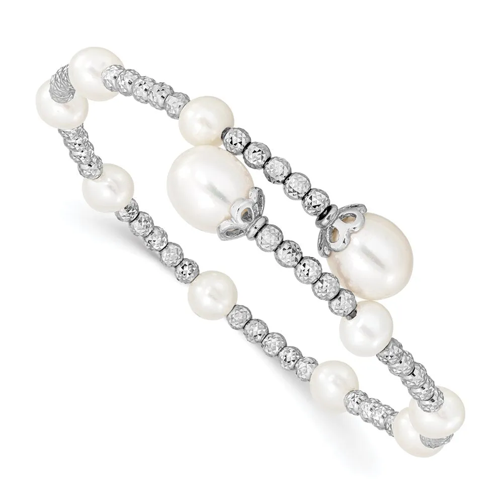 Sterling Silver Rhodium-Plated 5-6Mm and 8Mm White Freshwater Cultured Pearl Coil Bangle