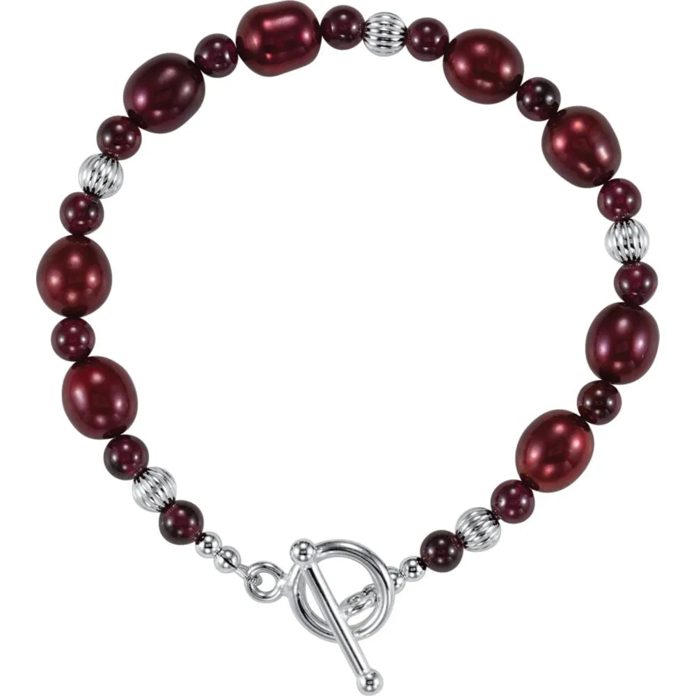 Sterling Silver Rhodolite Garnet & Freshwater Cultured Pearl 7.5" Bracelet
