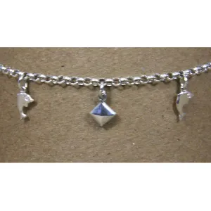 Sterling Silver Squares & Dolphins Ankle Bracelet 10"