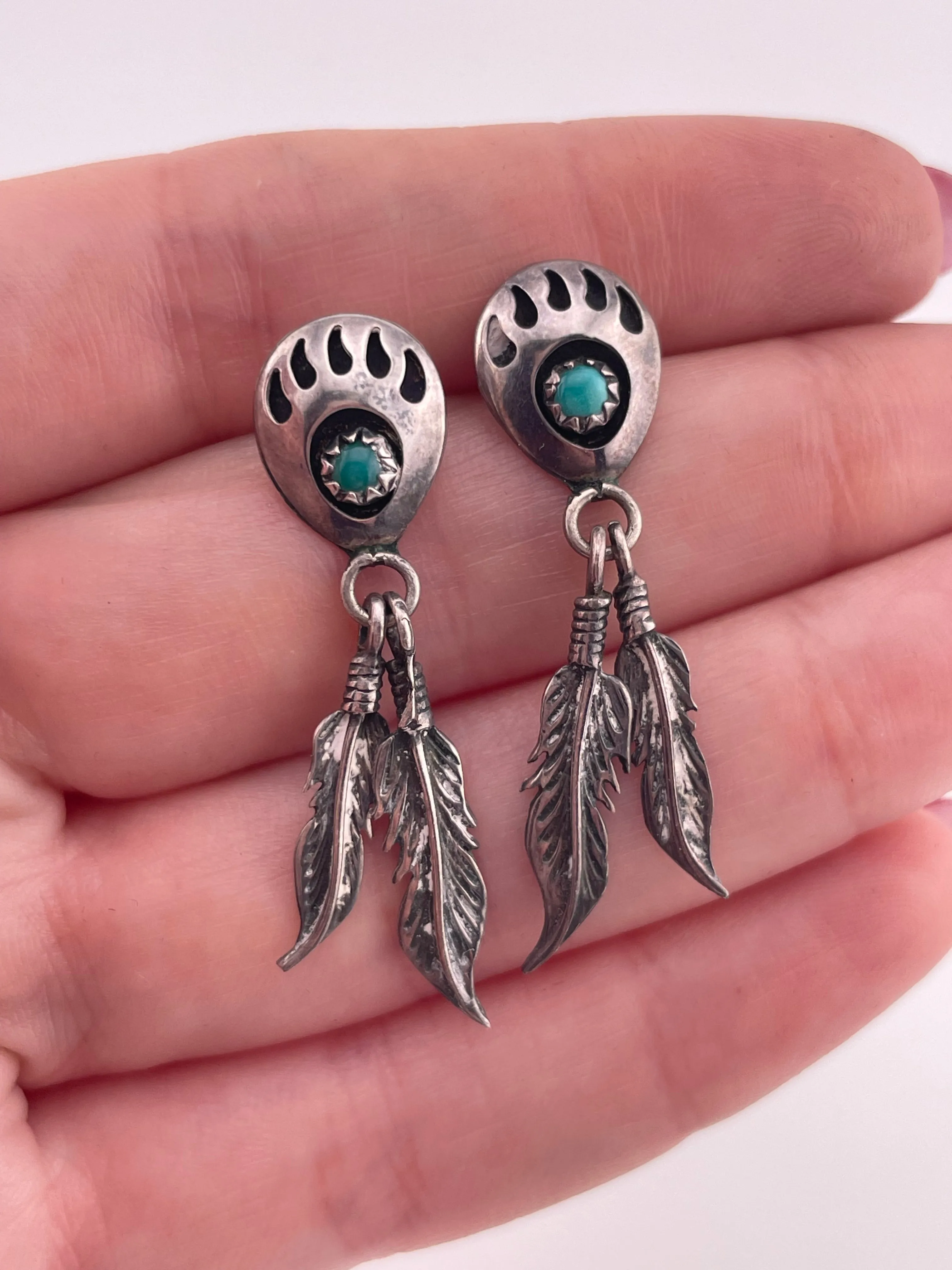 sterling silver turquoise bear paw feather post earrings