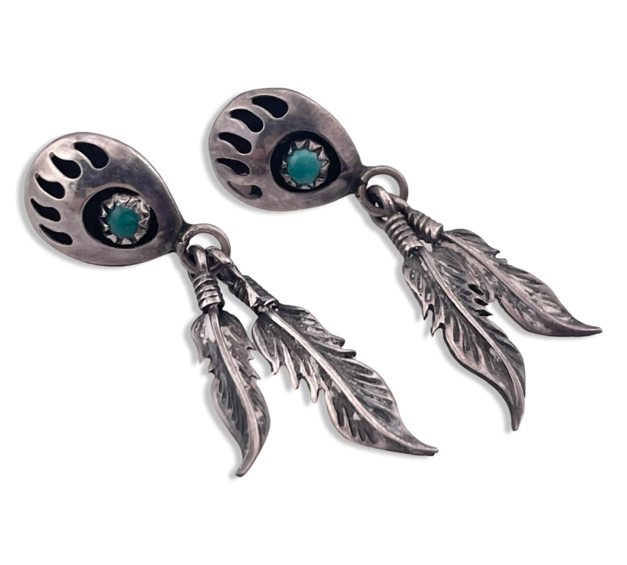 sterling silver turquoise bear paw feather post earrings