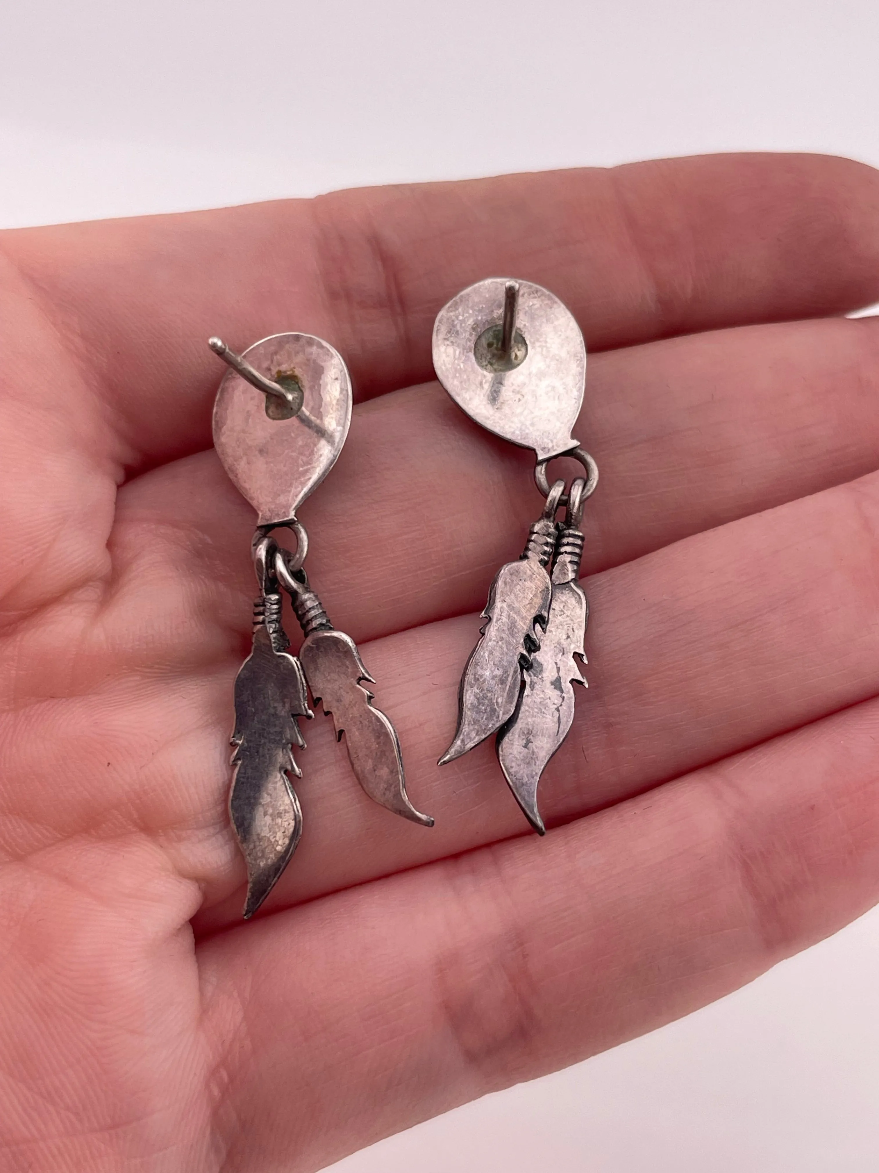 sterling silver turquoise bear paw feather post earrings