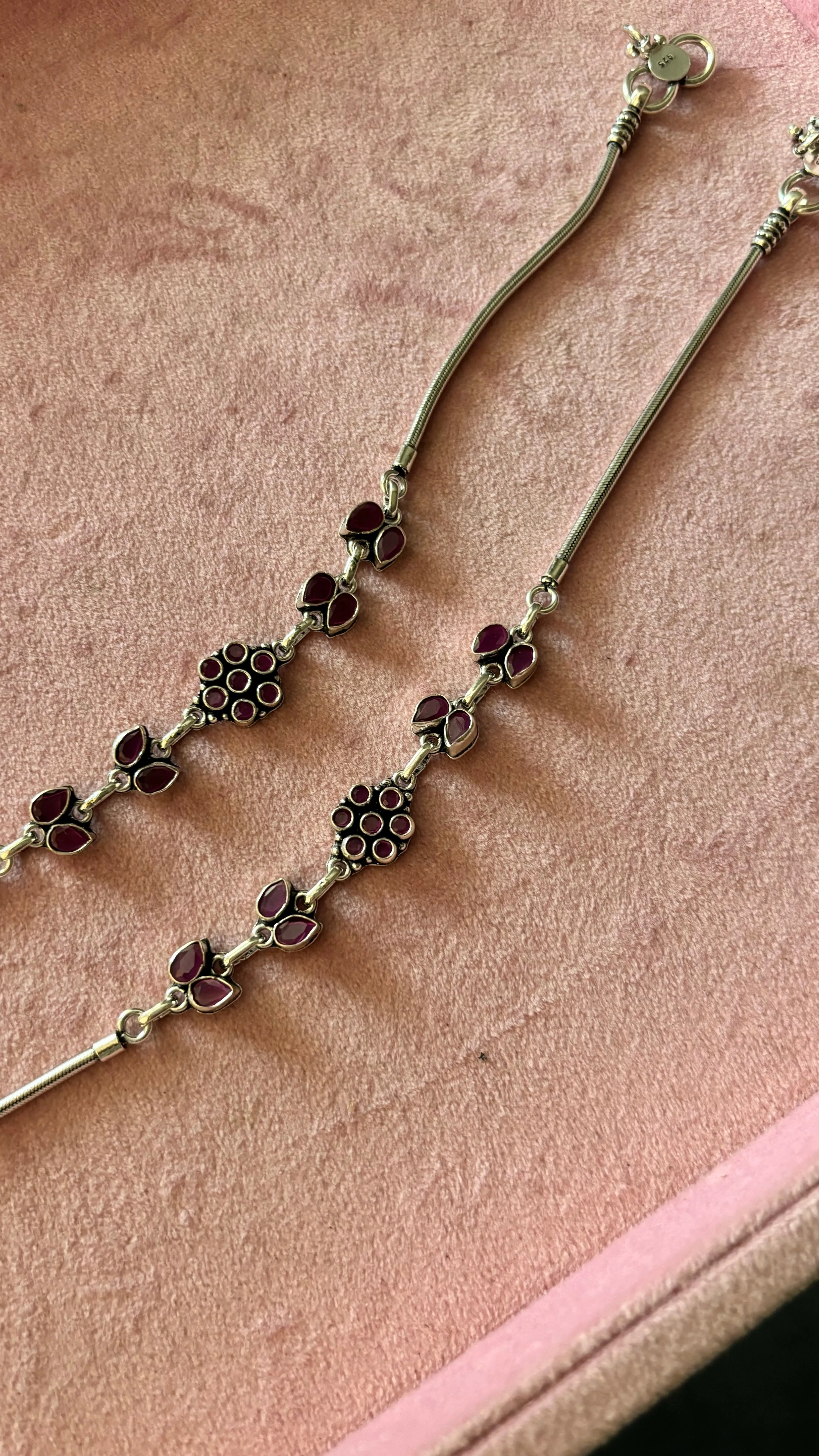 Stone Studded Pure 925 Pair of Silver Anklets- Set of Two
