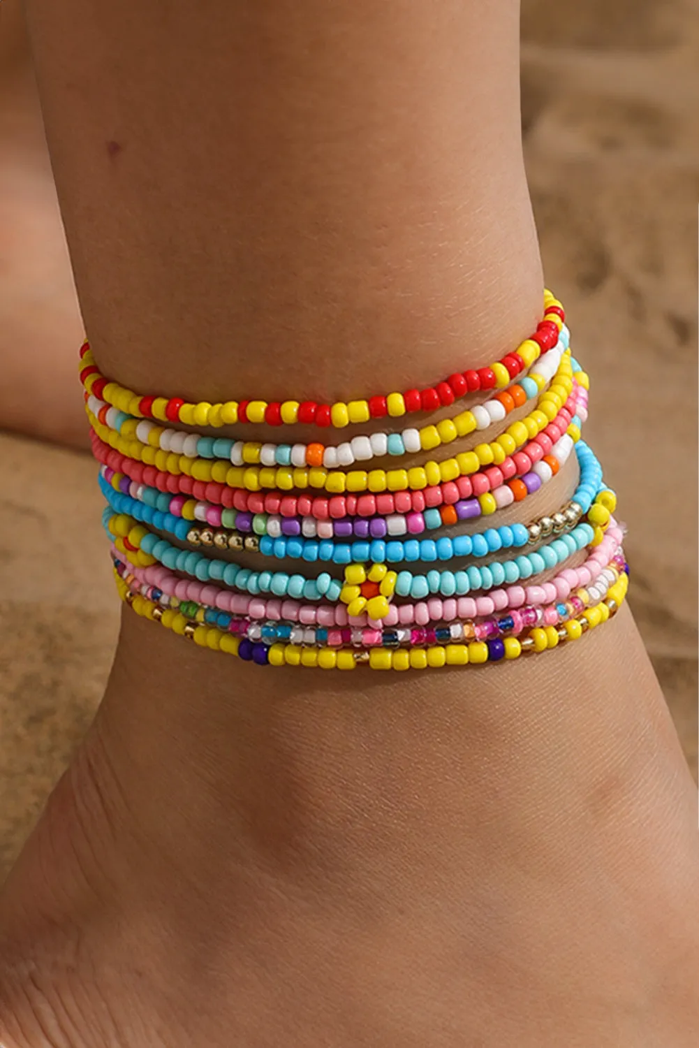 Sunshine Bloom Multi-Layered Beaded Anklet Set