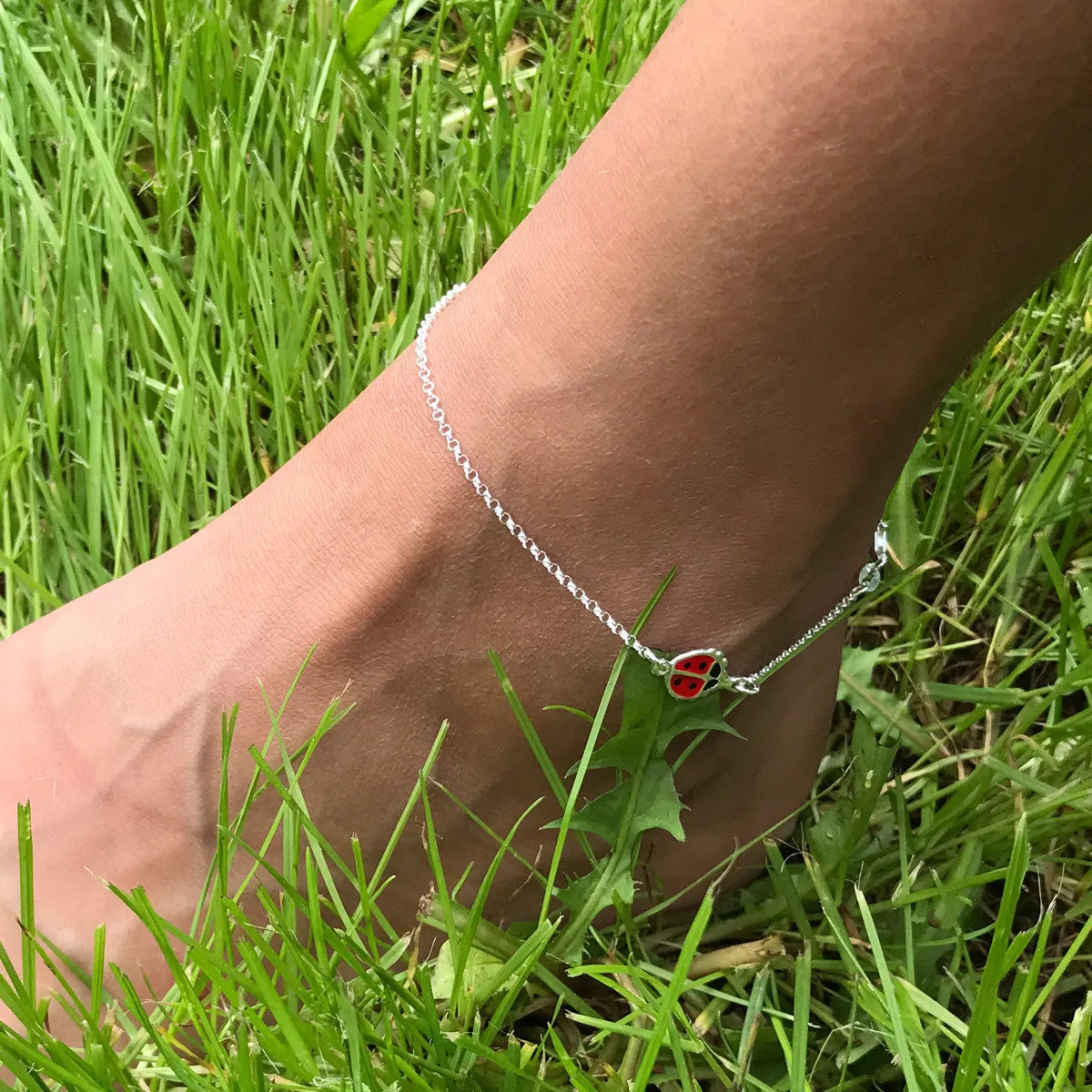 Super Cute Sterling Silver Rolo Chain Anklet with Amusing Enamel Ladybug Charm Adornment.