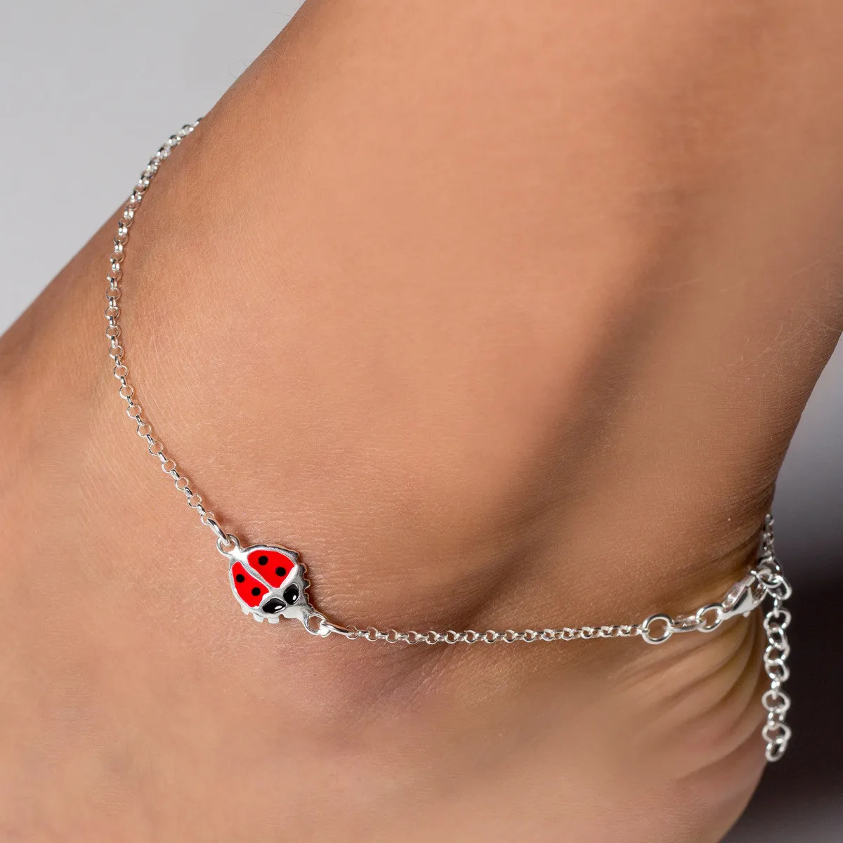 Super Cute Sterling Silver Rolo Chain Anklet with Amusing Enamel Ladybug Charm Adornment.
