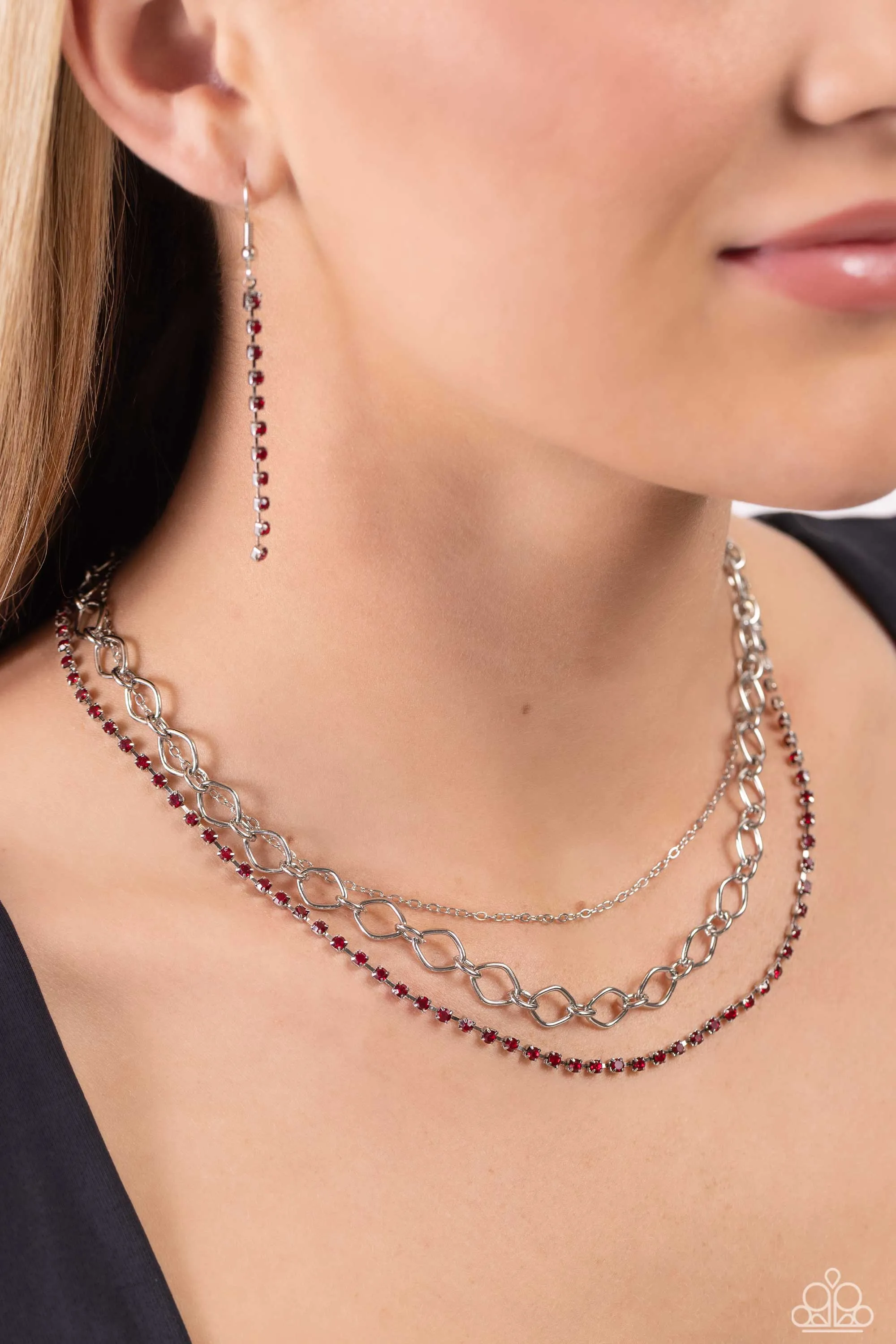 Tasteful Tiers - Red - Rhinestone and Silver Chain Tiered Paparazzi Short Necklace