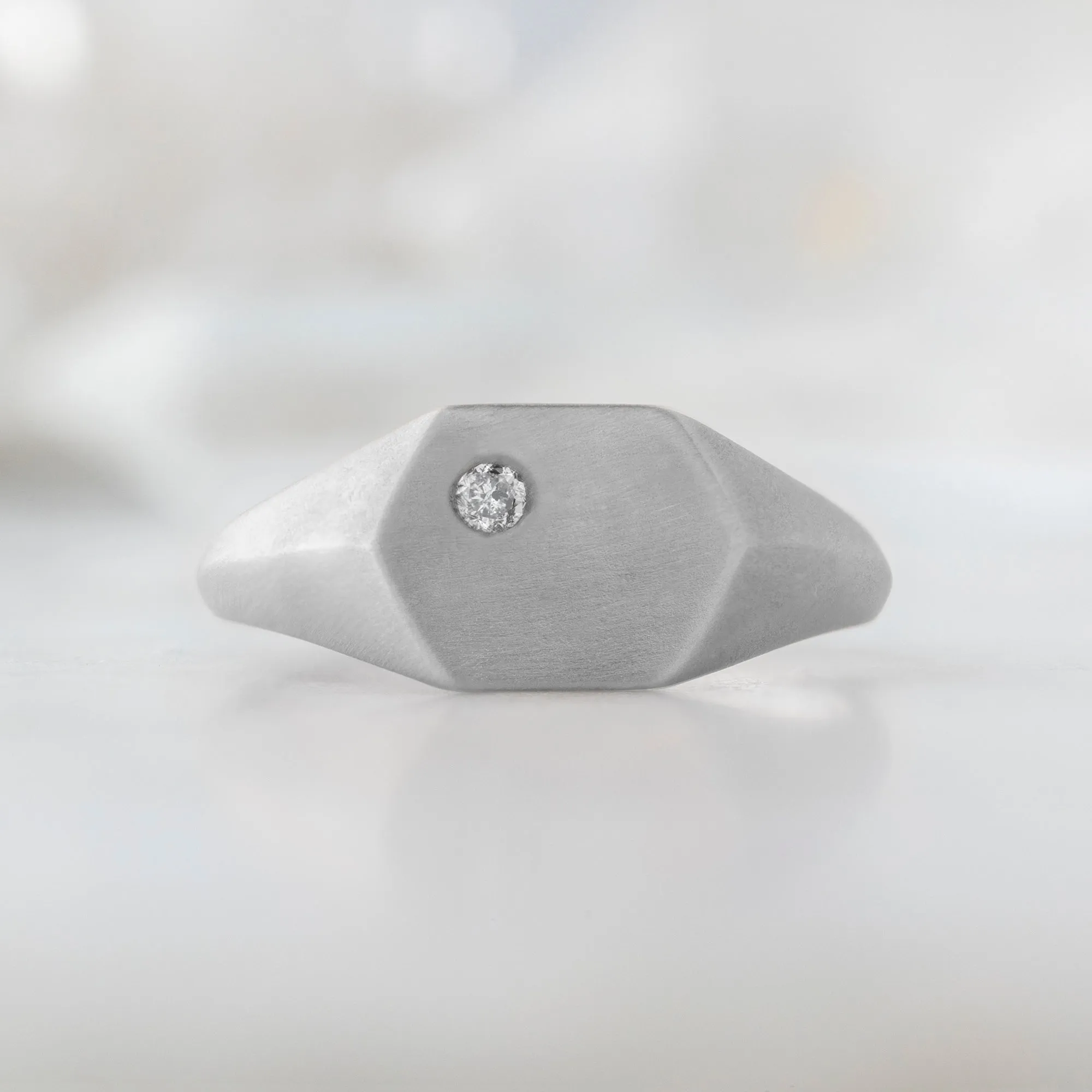The Hexagon Salt and Pepper Diamond Signet Ring | 14K White Gold