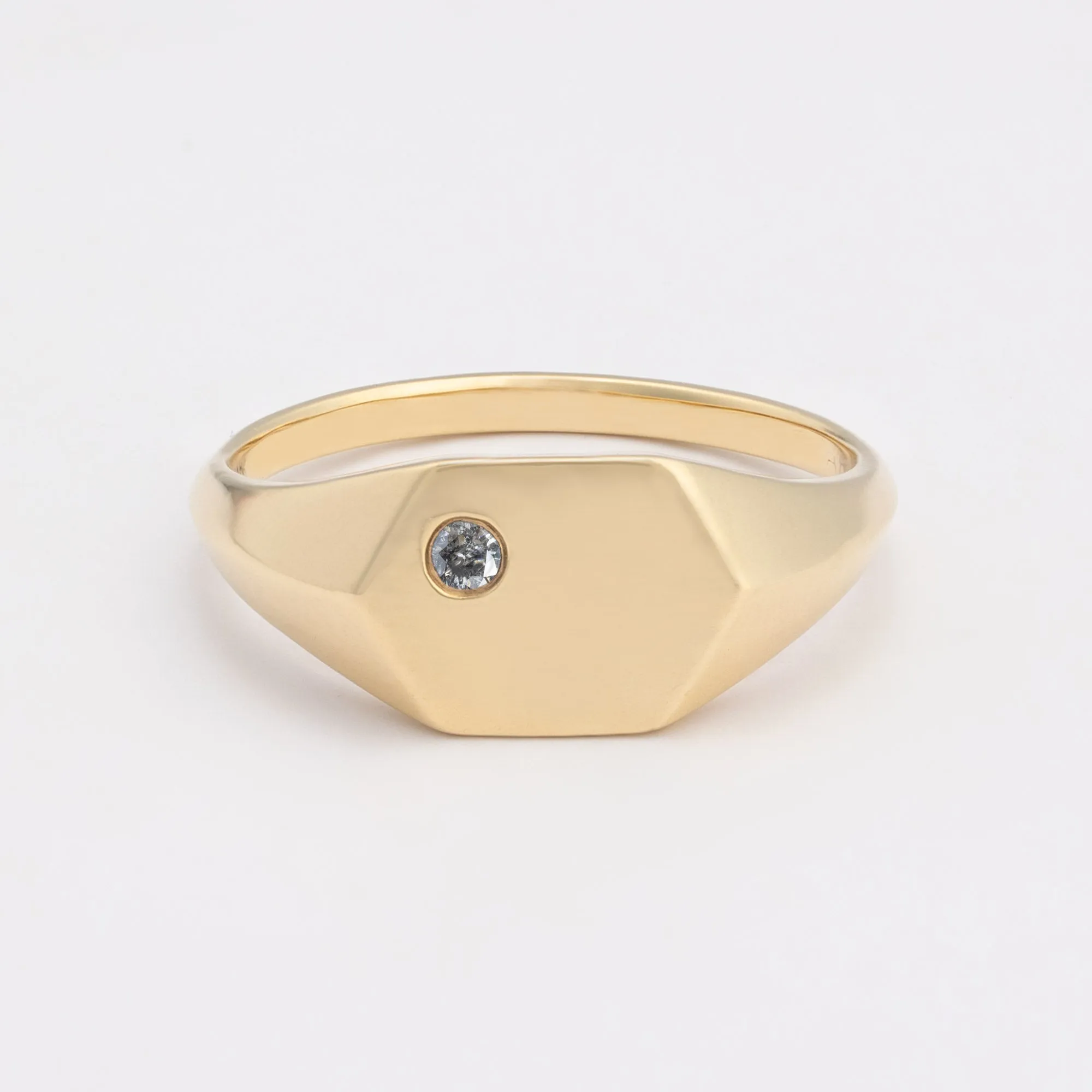 The Hexagon Salt and Pepper Diamond Signet Ring | 14K Yellow Gold