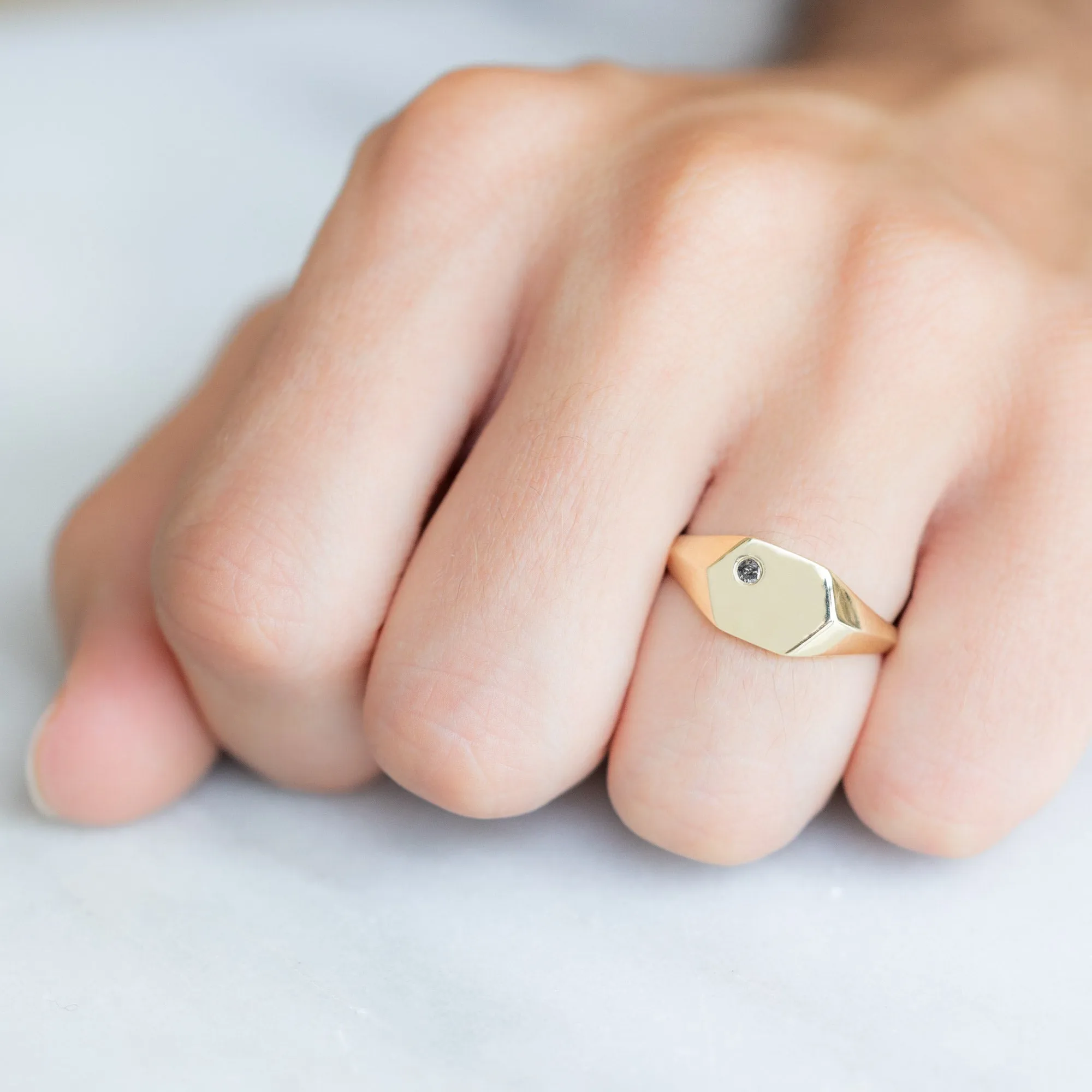 The Hexagon Salt and Pepper Diamond Signet Ring | 14K Yellow Gold