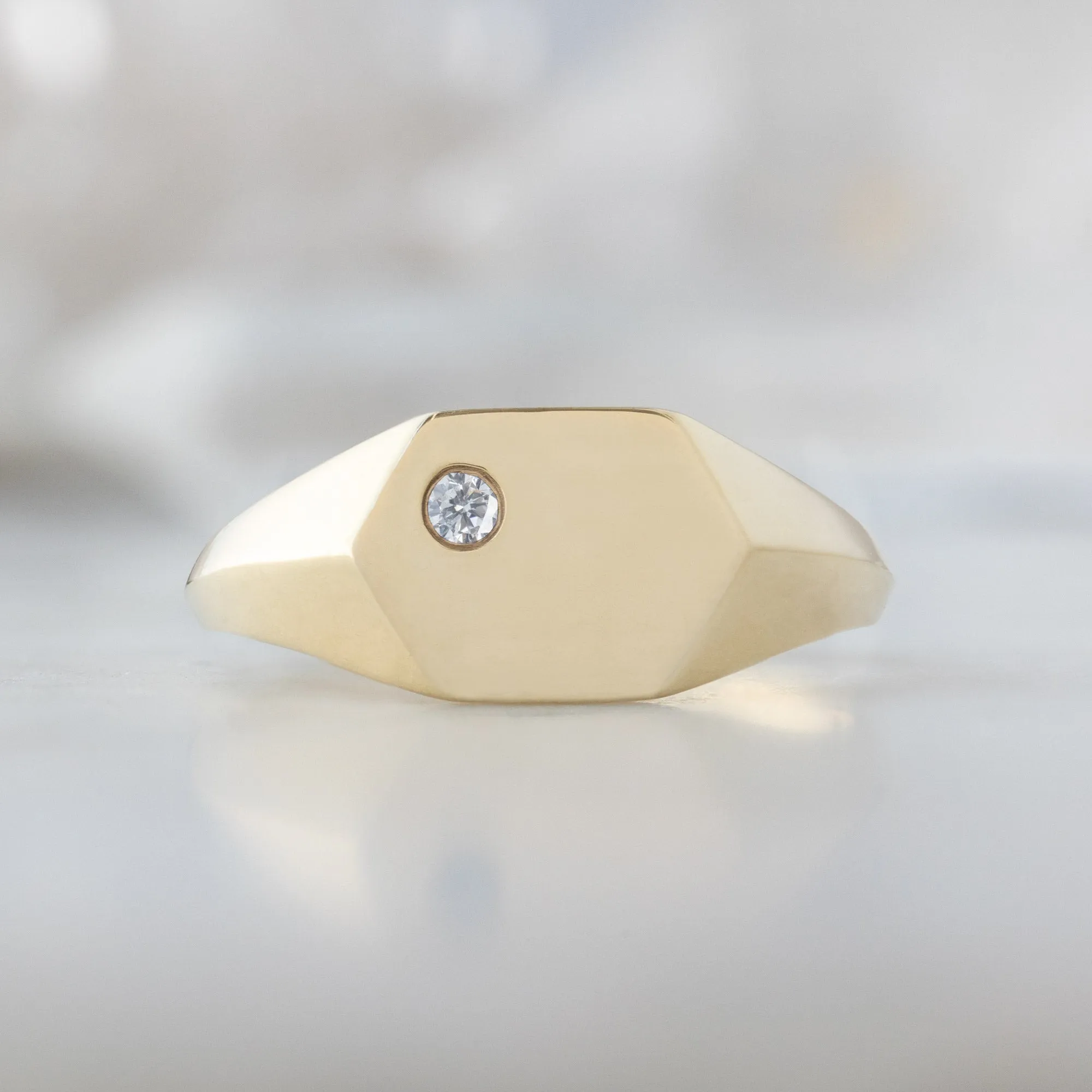 The Hexagon Salt and Pepper Diamond Signet Ring | 14K Yellow Gold