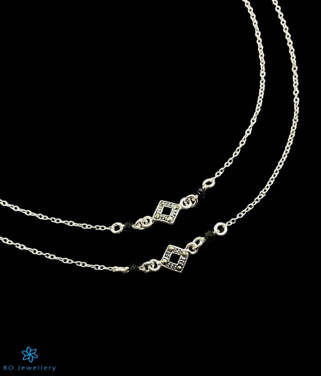 The Pranati Silver Marcasite Black Bead Anklets