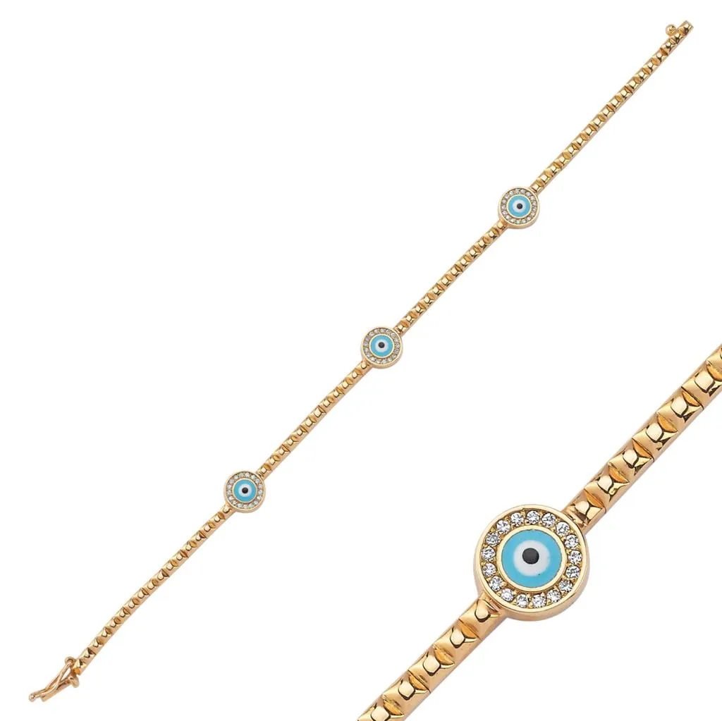 THREE PAVE DIAMOND ENAMEL EVIL EYE BRACELET
