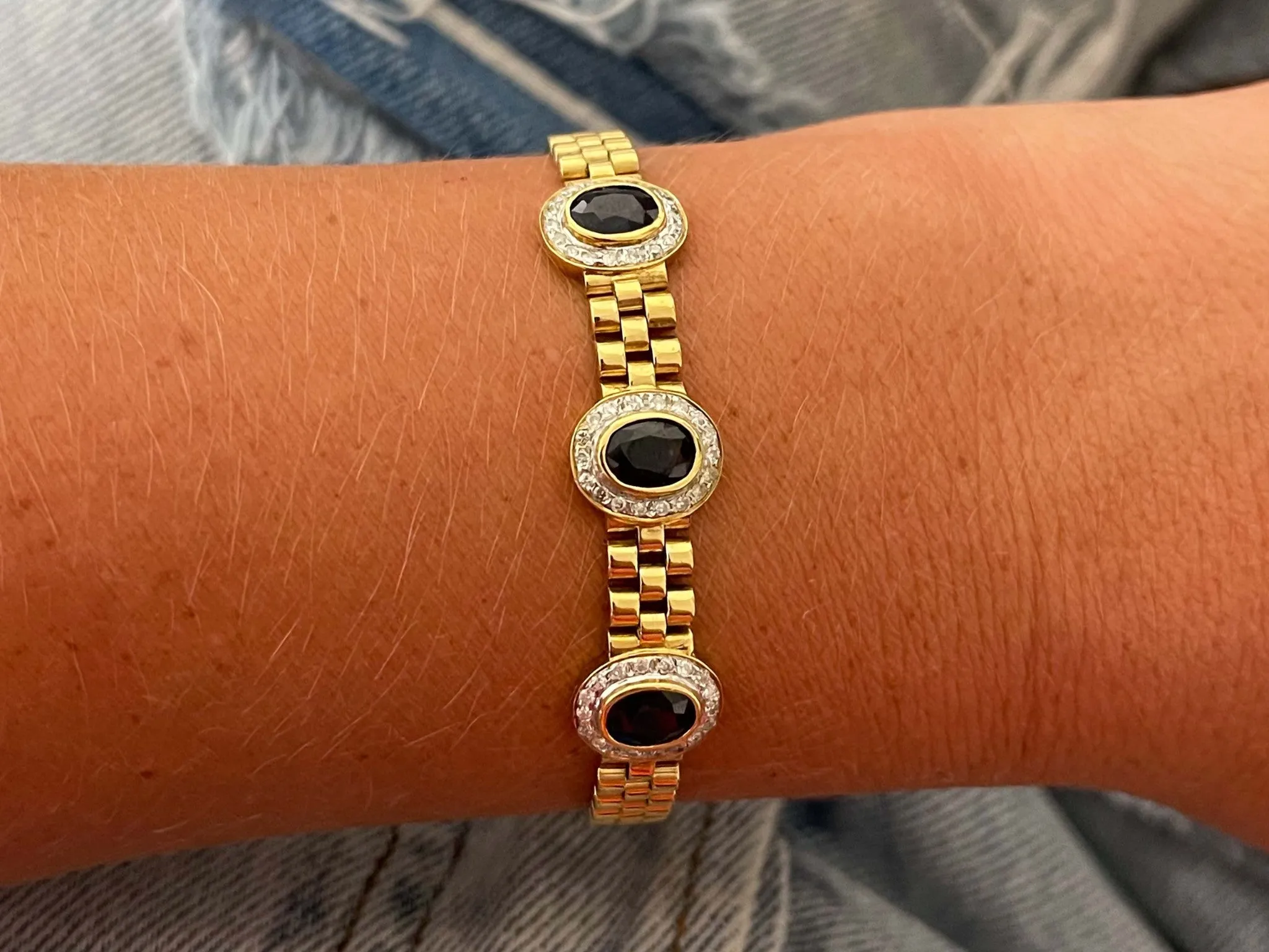 Three Sapphire Diamond Halo Link Bracelet in 18k Yellow Gold