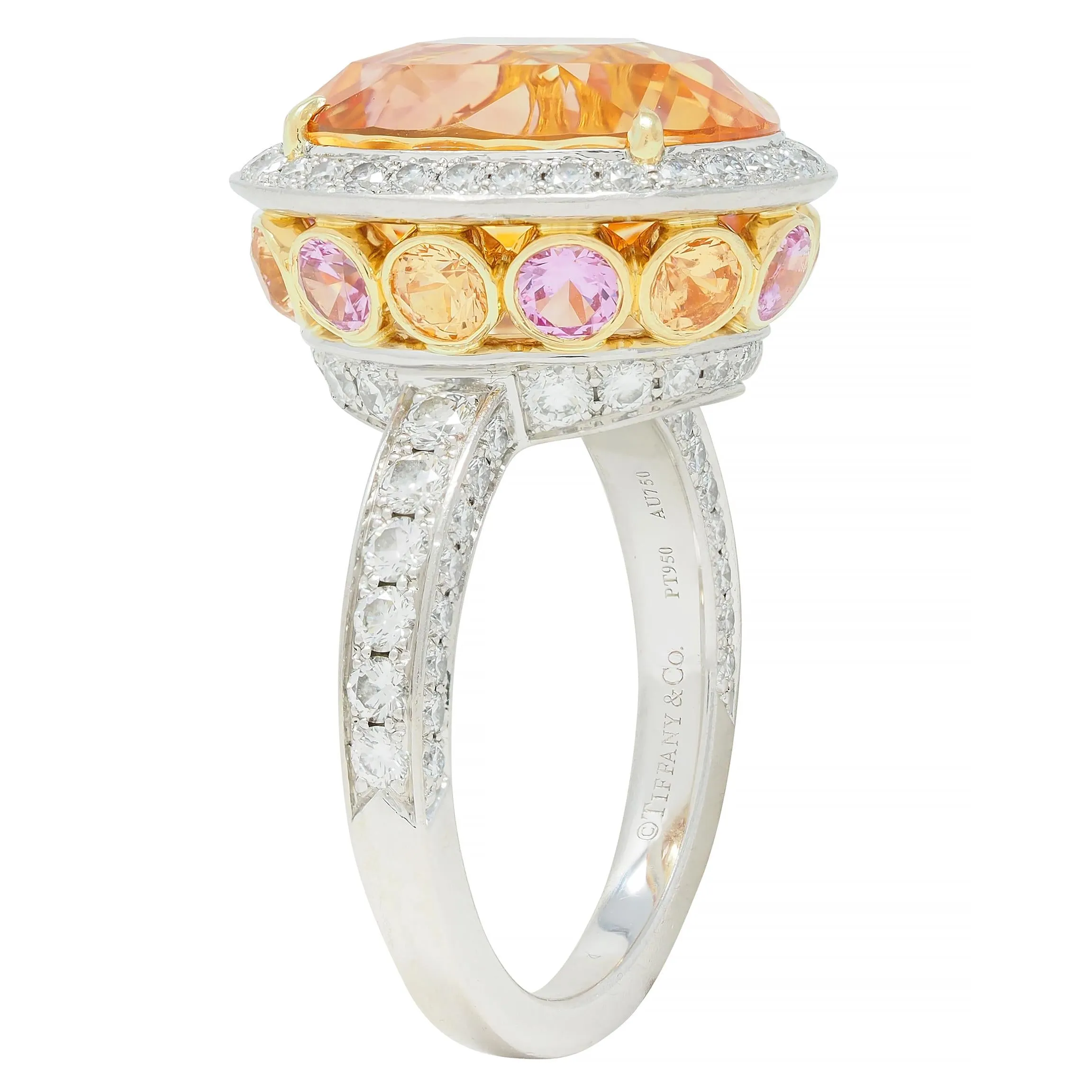 Tiffany & Co. 14.02 CTW No Heat Ceylon Golden & Pink Sapphire Diamond Platinum 18 Karat Contemporary Halo Ring AGL