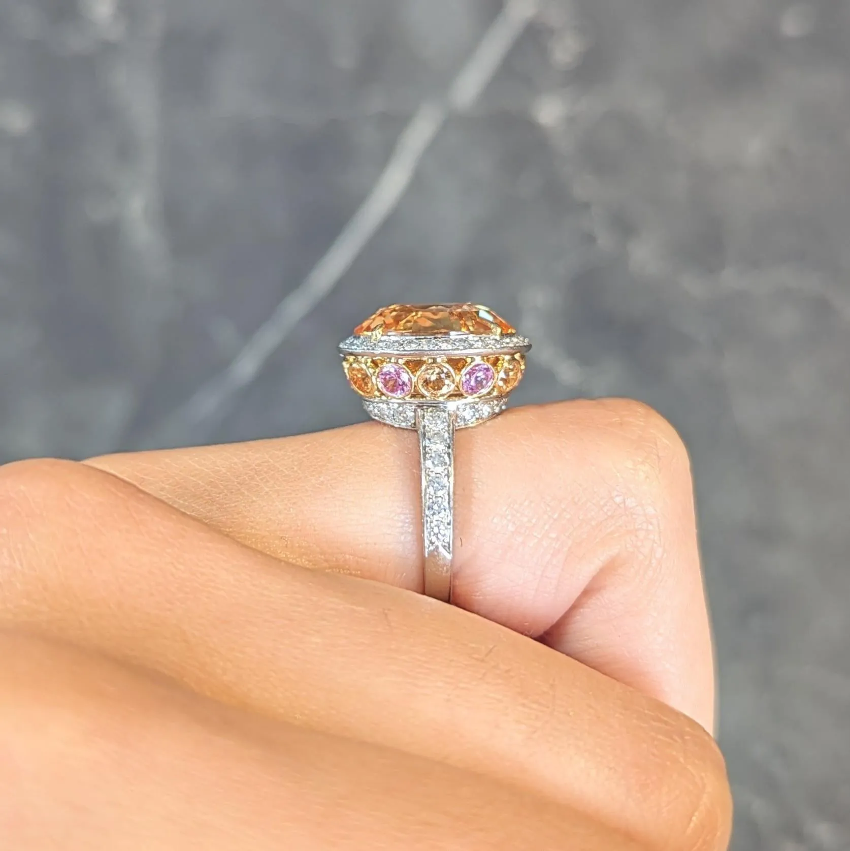 Tiffany & Co. 14.02 CTW No Heat Ceylon Golden & Pink Sapphire Diamond Platinum 18 Karat Contemporary Halo Ring AGL