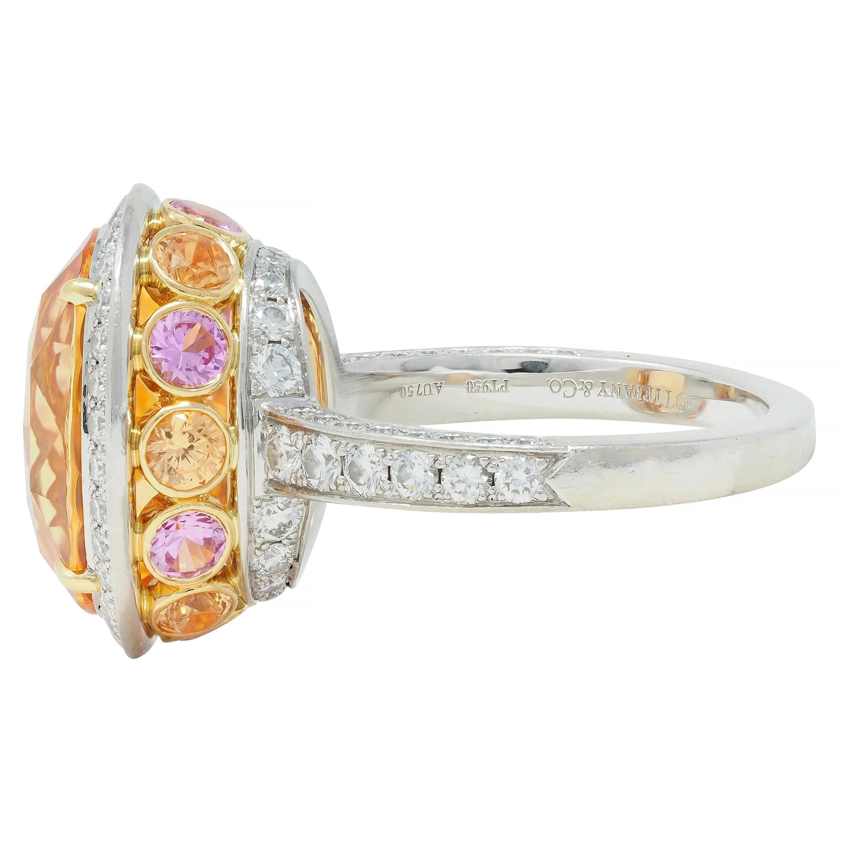 Tiffany & Co. 14.02 CTW No Heat Ceylon Golden & Pink Sapphire Diamond Platinum 18 Karat Contemporary Halo Ring AGL