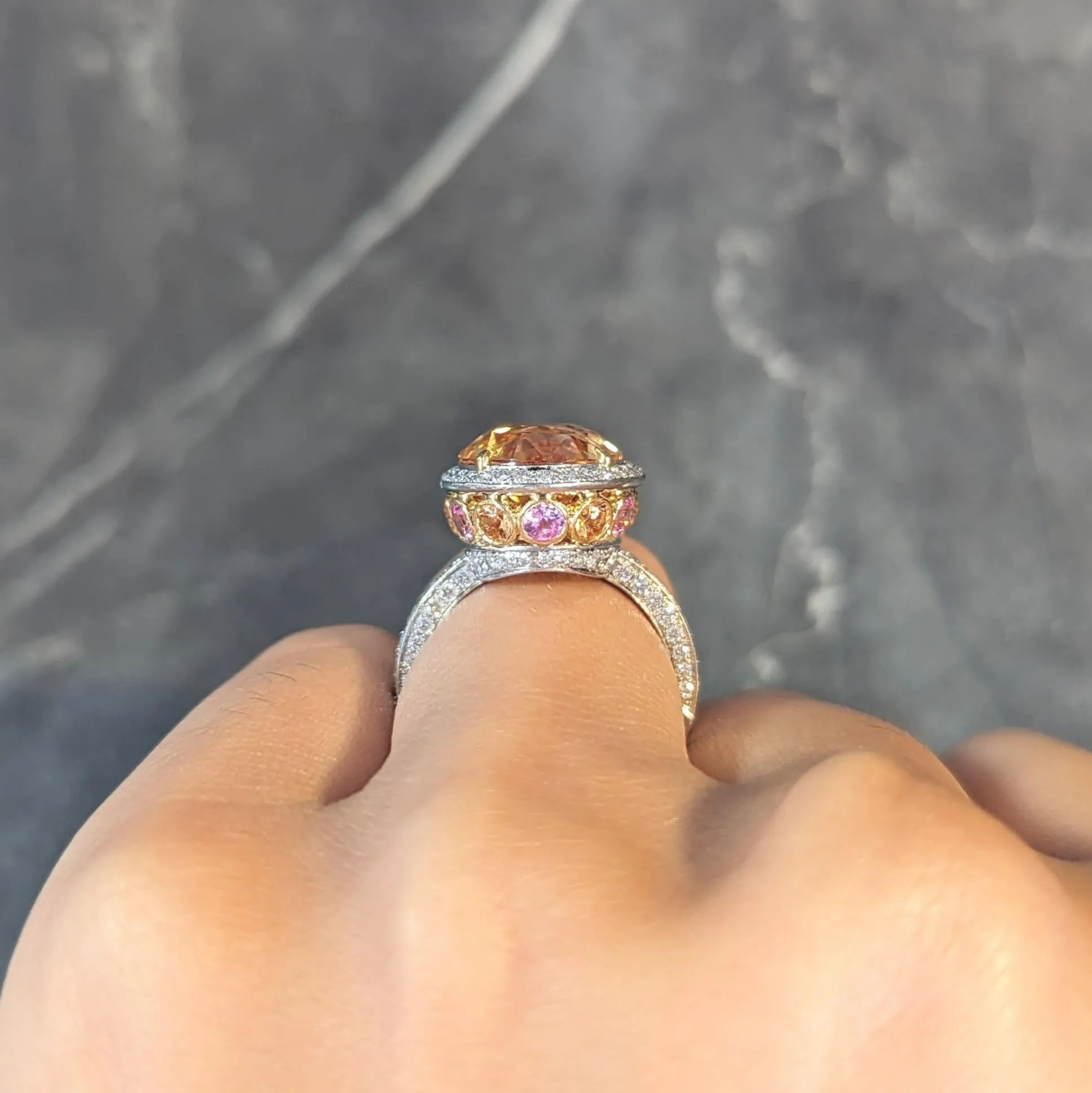 Tiffany & Co. 14.02 CTW No Heat Ceylon Golden & Pink Sapphire Diamond Platinum 18 Karat Contemporary Halo Ring AGL