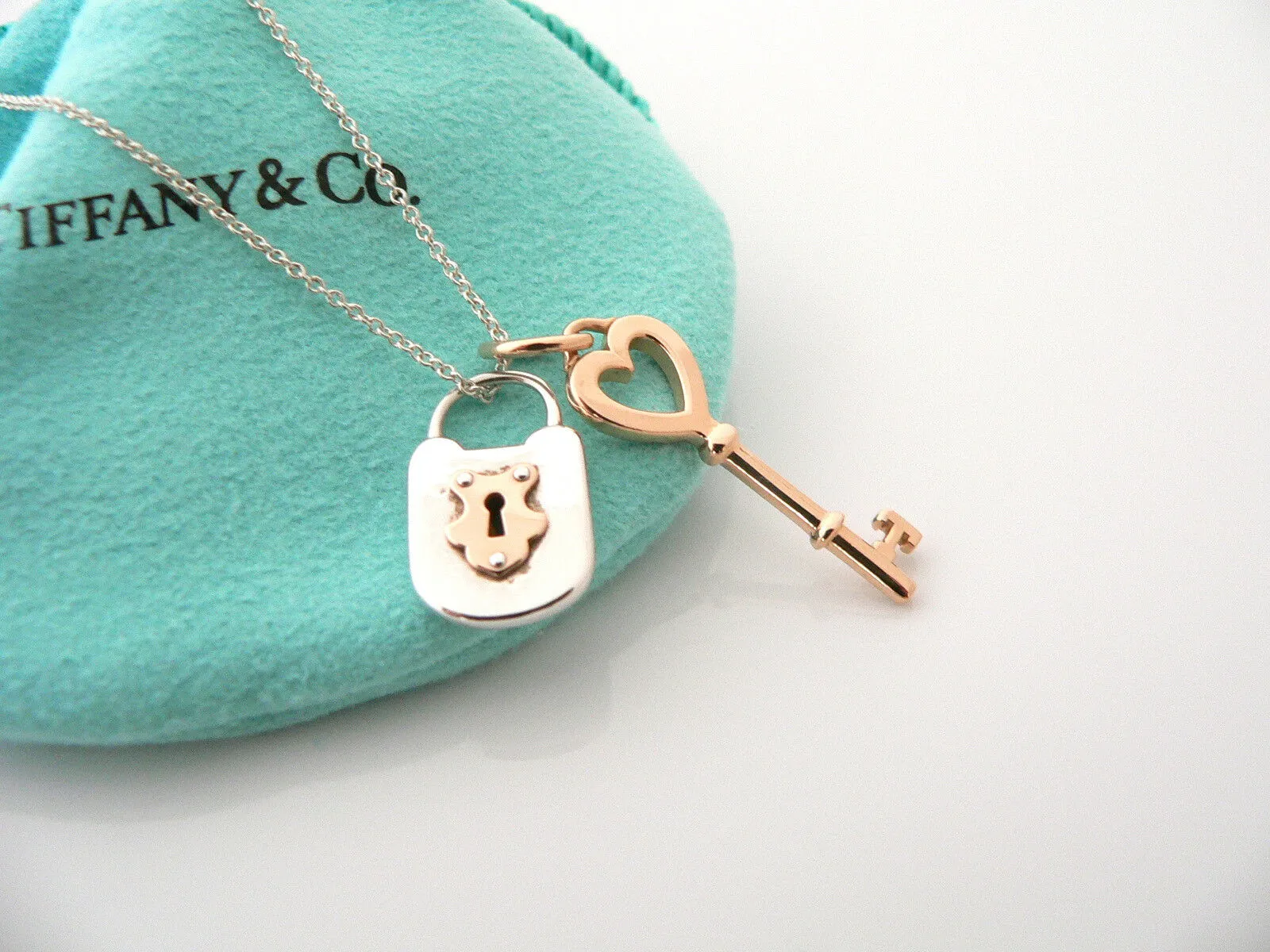 Tiffany Co Silver 18K Rose Gold Heart Key Locks Necklace Pendant Charm Gift Love