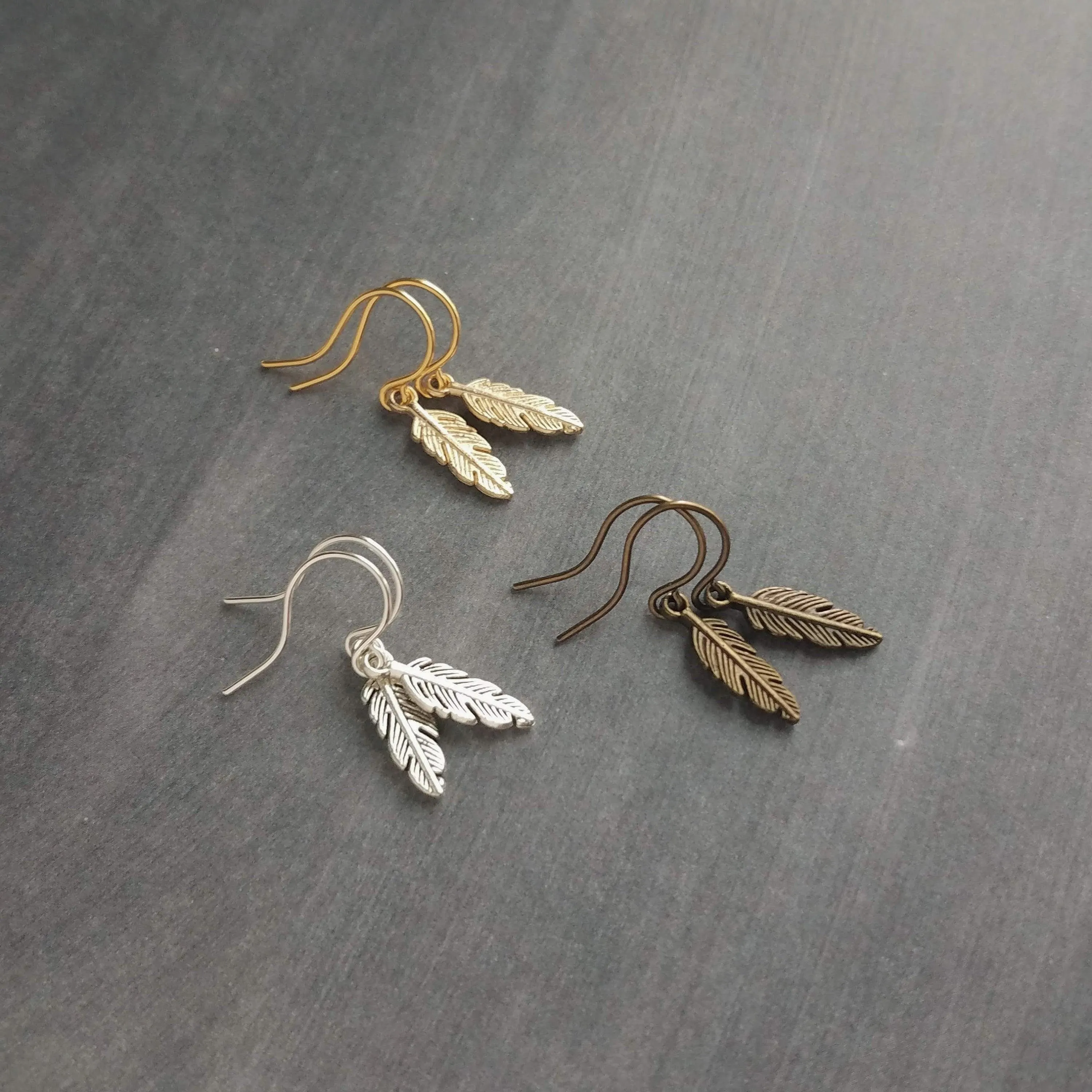 Tiny Gold Feather Earrings, small feather earring, tiny feather earring, gold feather charm, little feather dangle, simple gold feather