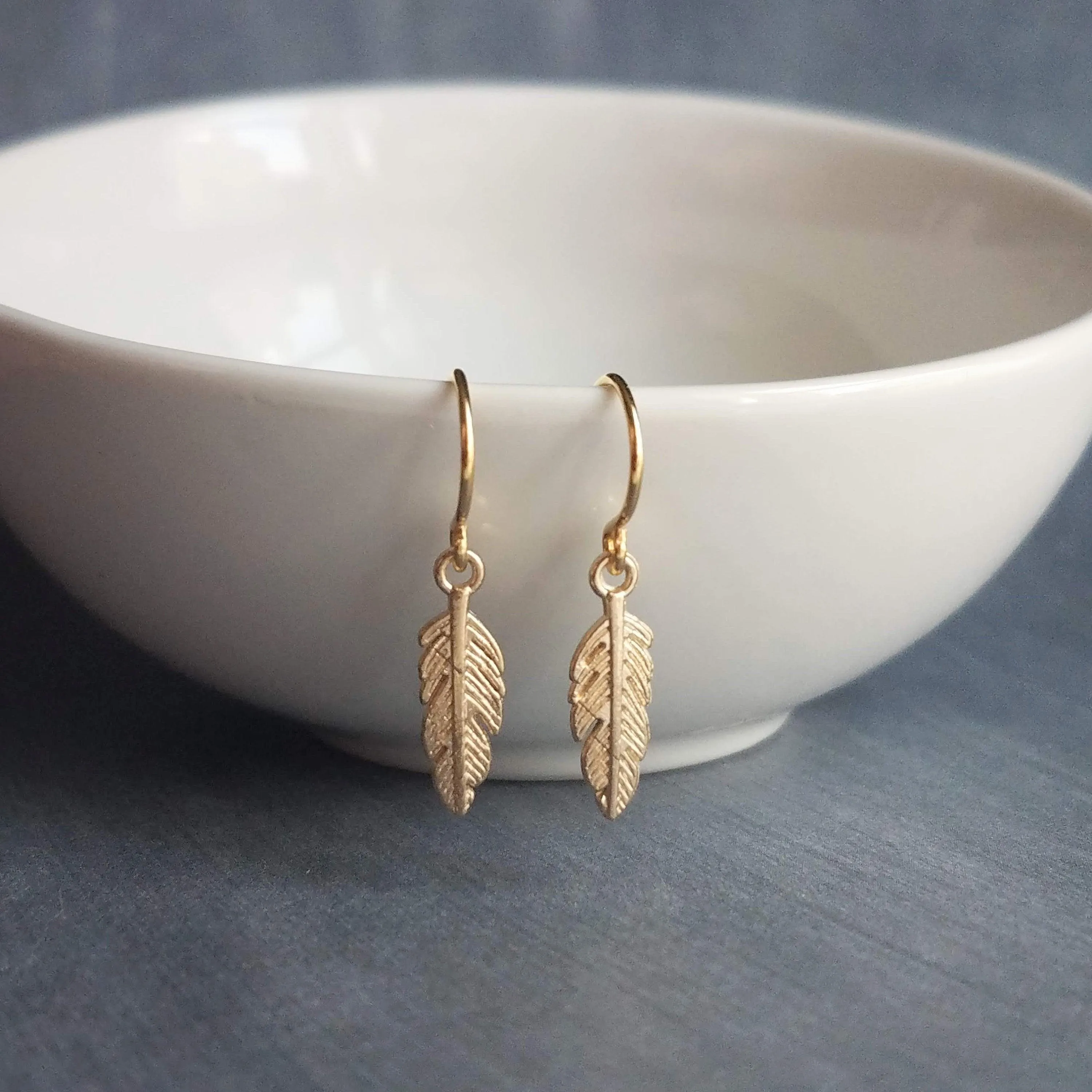 Tiny Gold Feather Earrings, small feather earring, tiny feather earring, gold feather charm, little feather dangle, simple gold feather