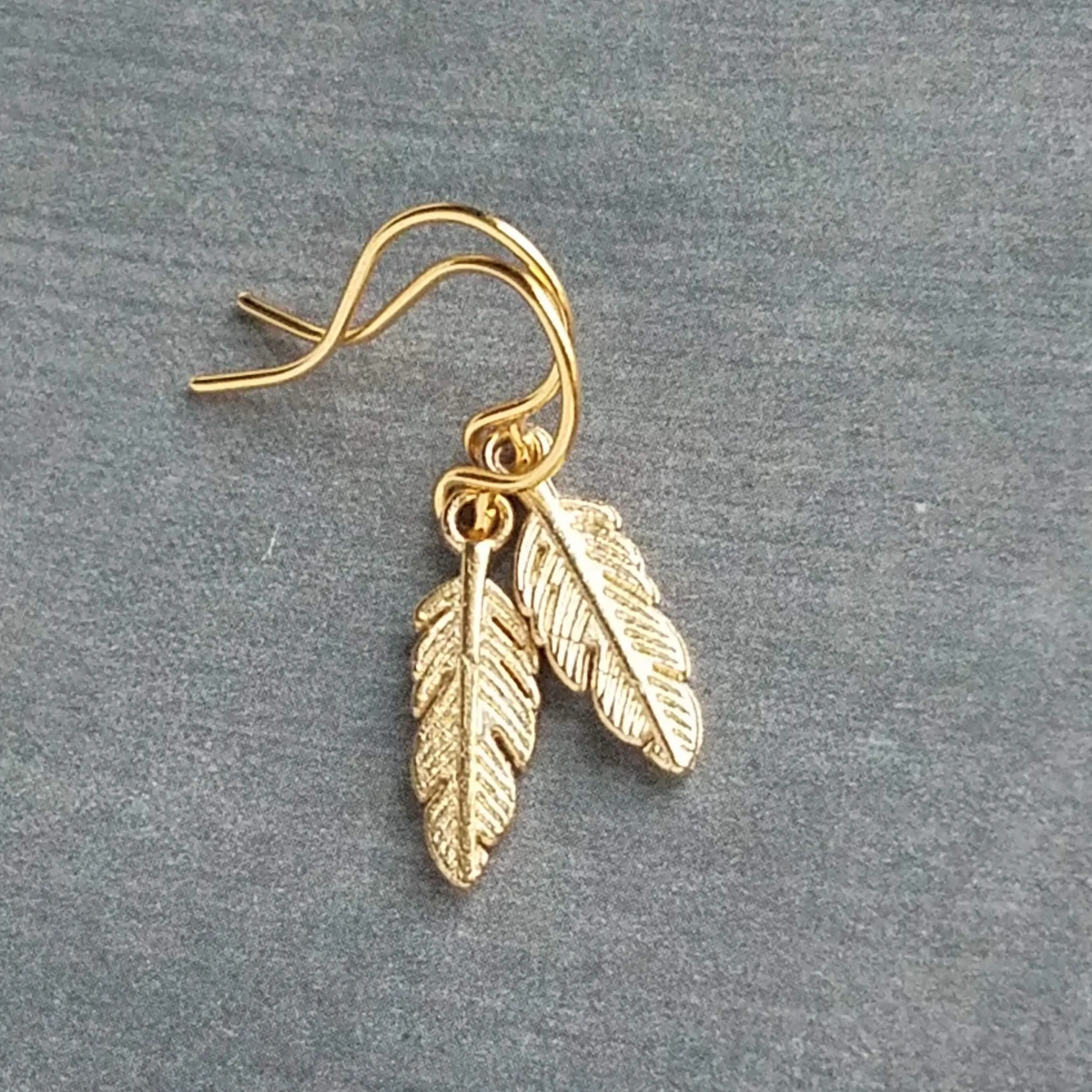 Tiny Gold Feather Earrings, small feather earring, tiny feather earring, gold feather charm, little feather dangle, simple gold feather